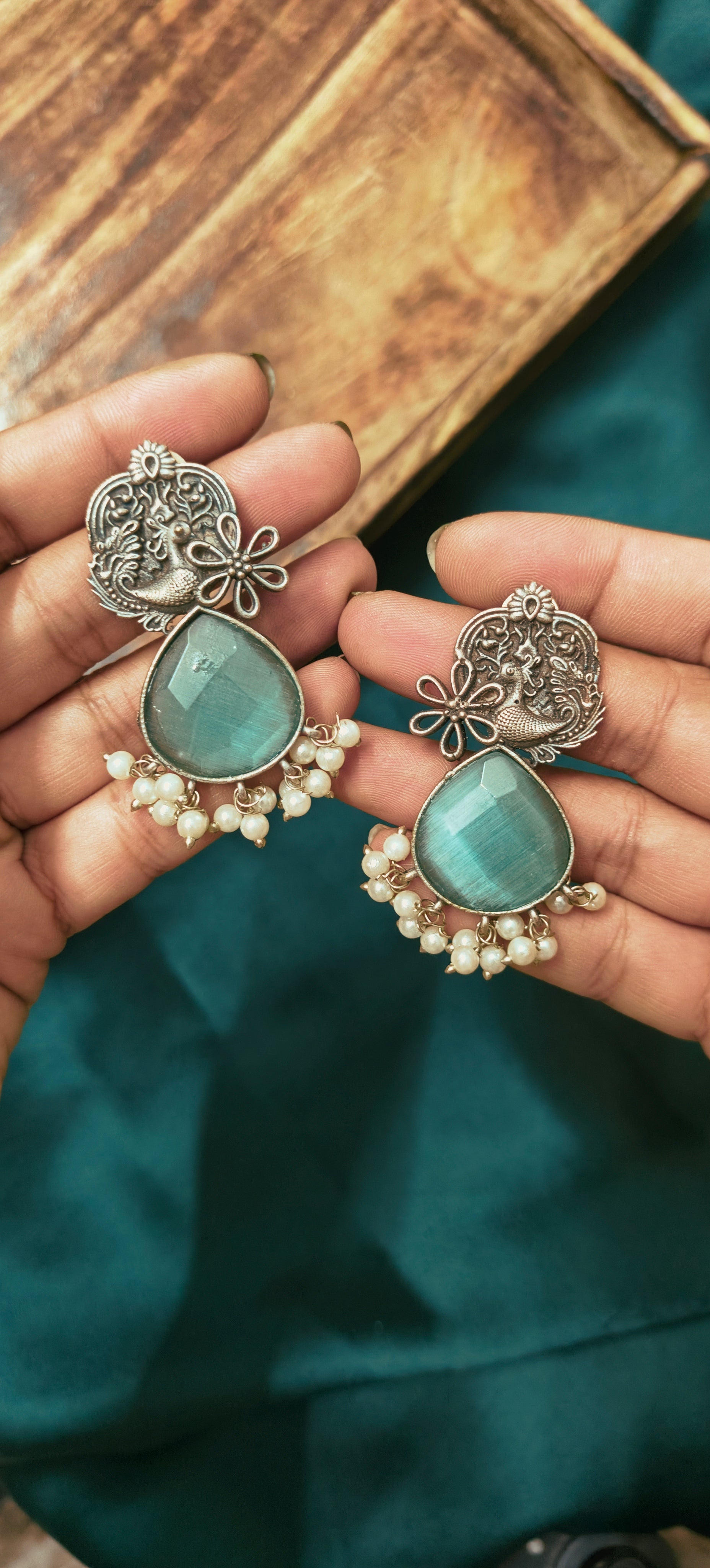Ozel Oxidised Silver Plated with Mint Green Stone and Pearls Long Earrings