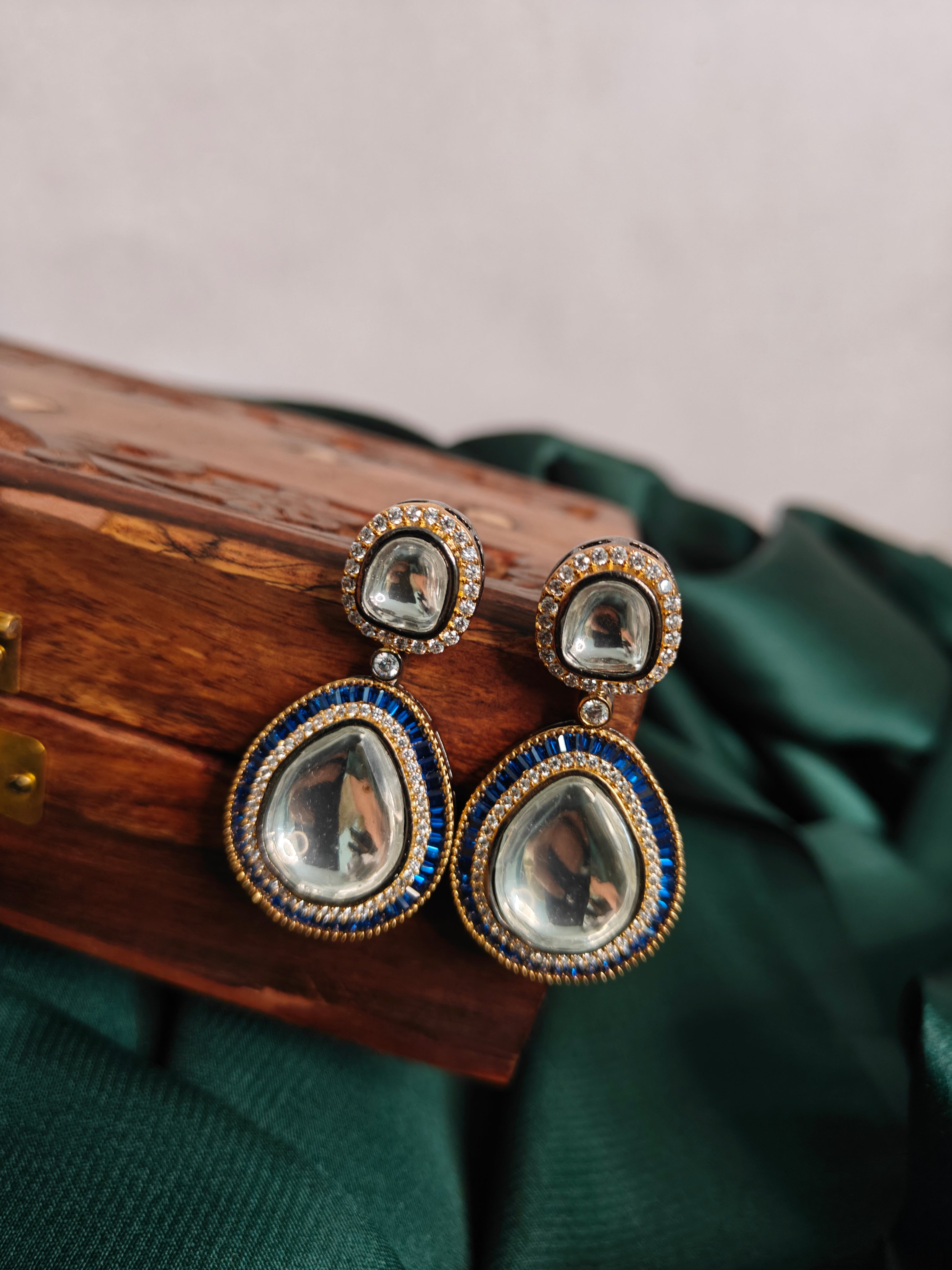 Ozel Gold Plated Kundan Moissonite Polki Stones Drop Earrings