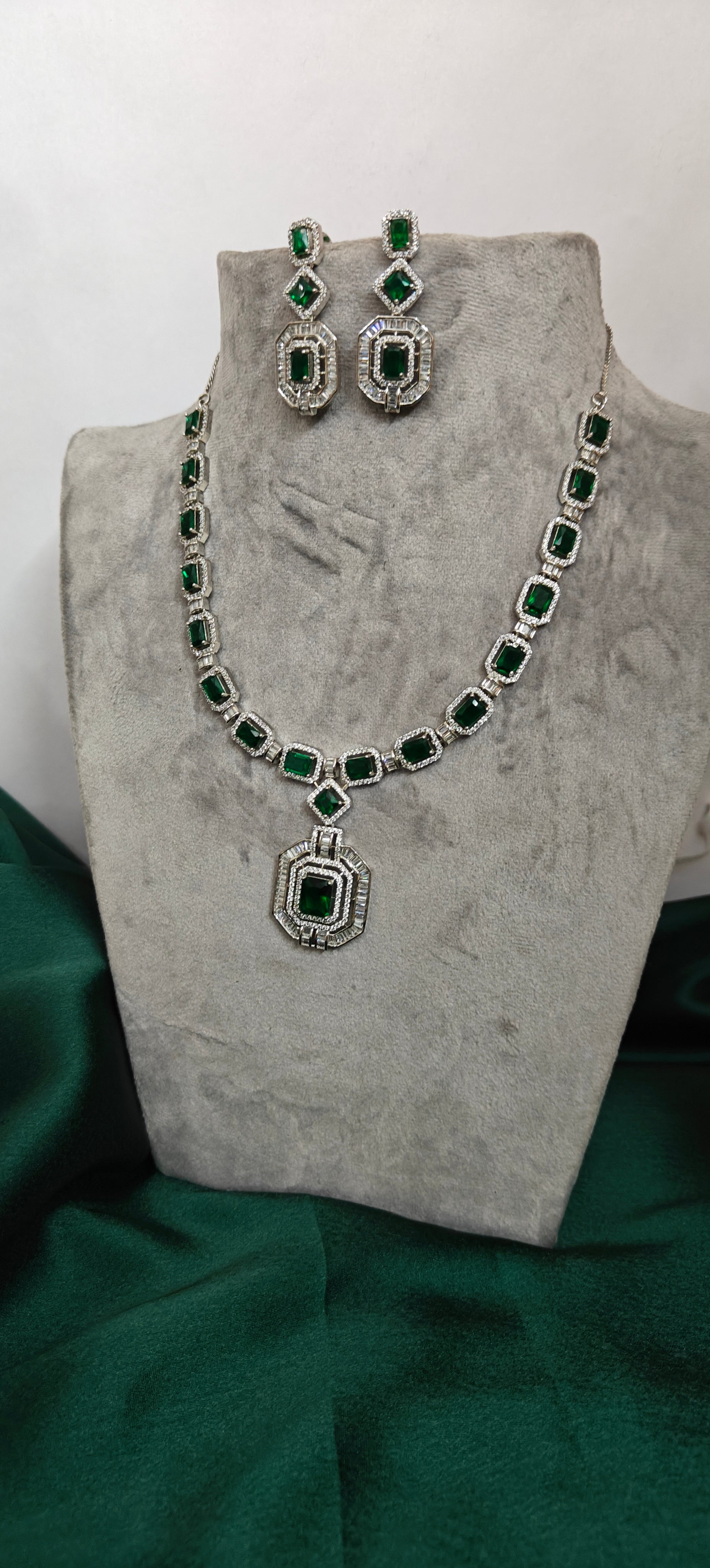 American Diamond with Emerald Green Statement Necklace Set