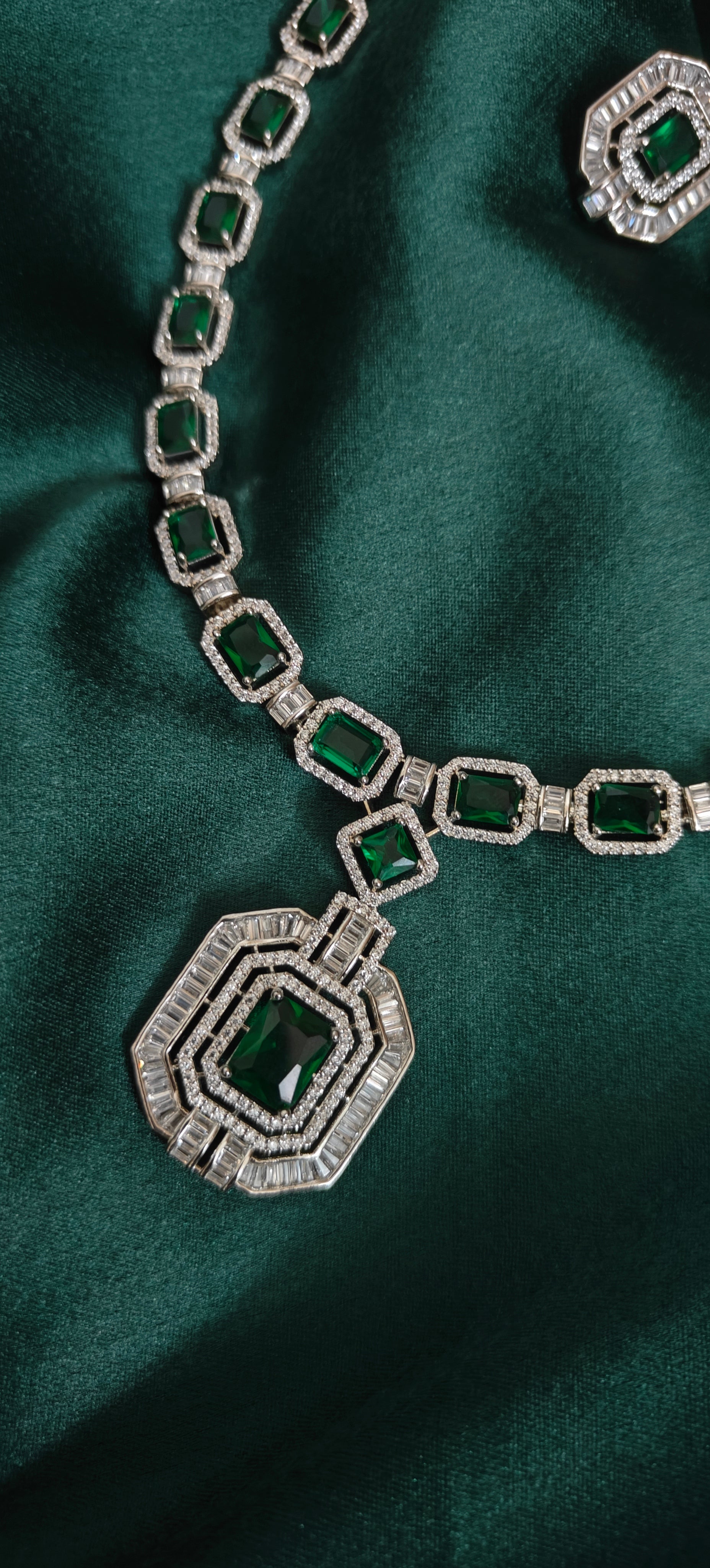 American Diamond with Emerald Green Statement Necklace Set