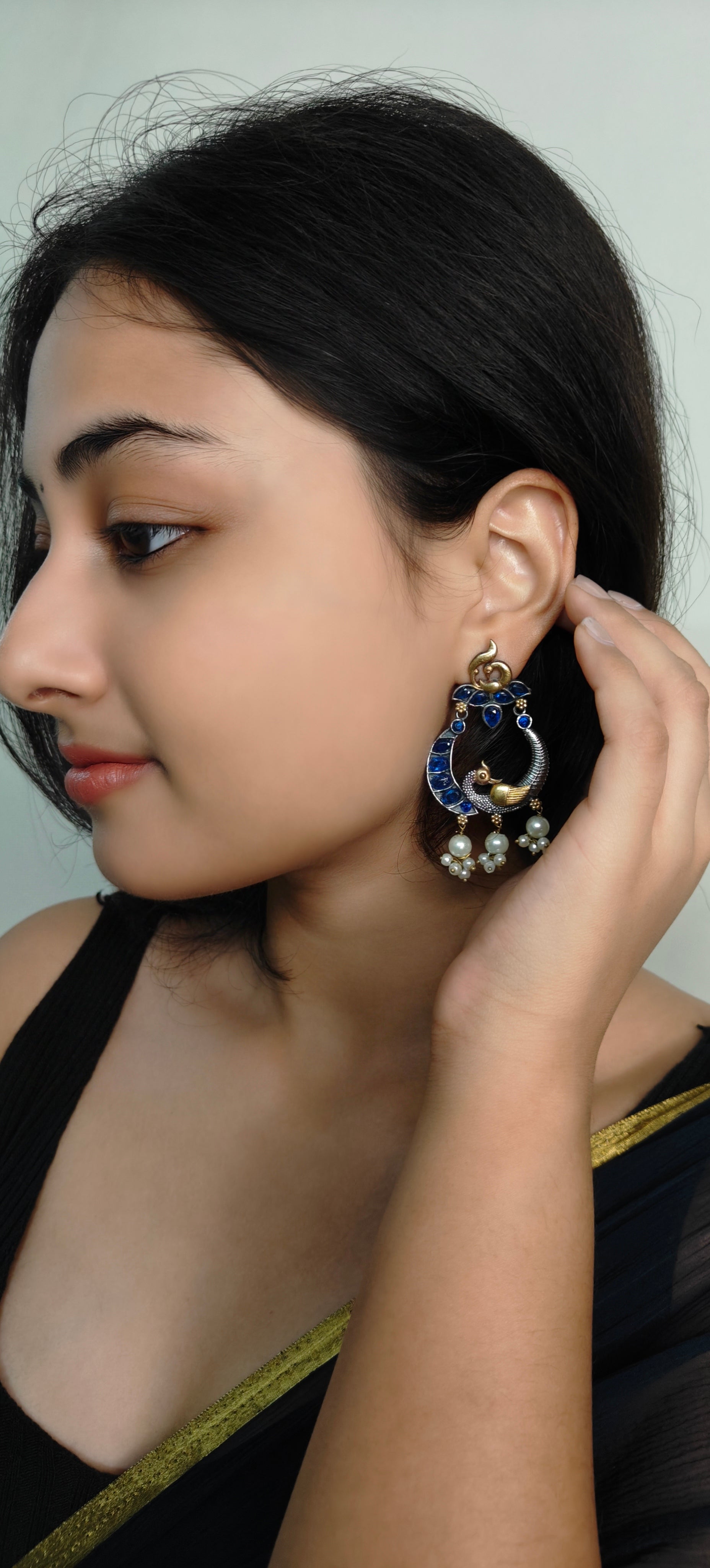 Ozel Peacock Oxidised Silver Plated Earrings