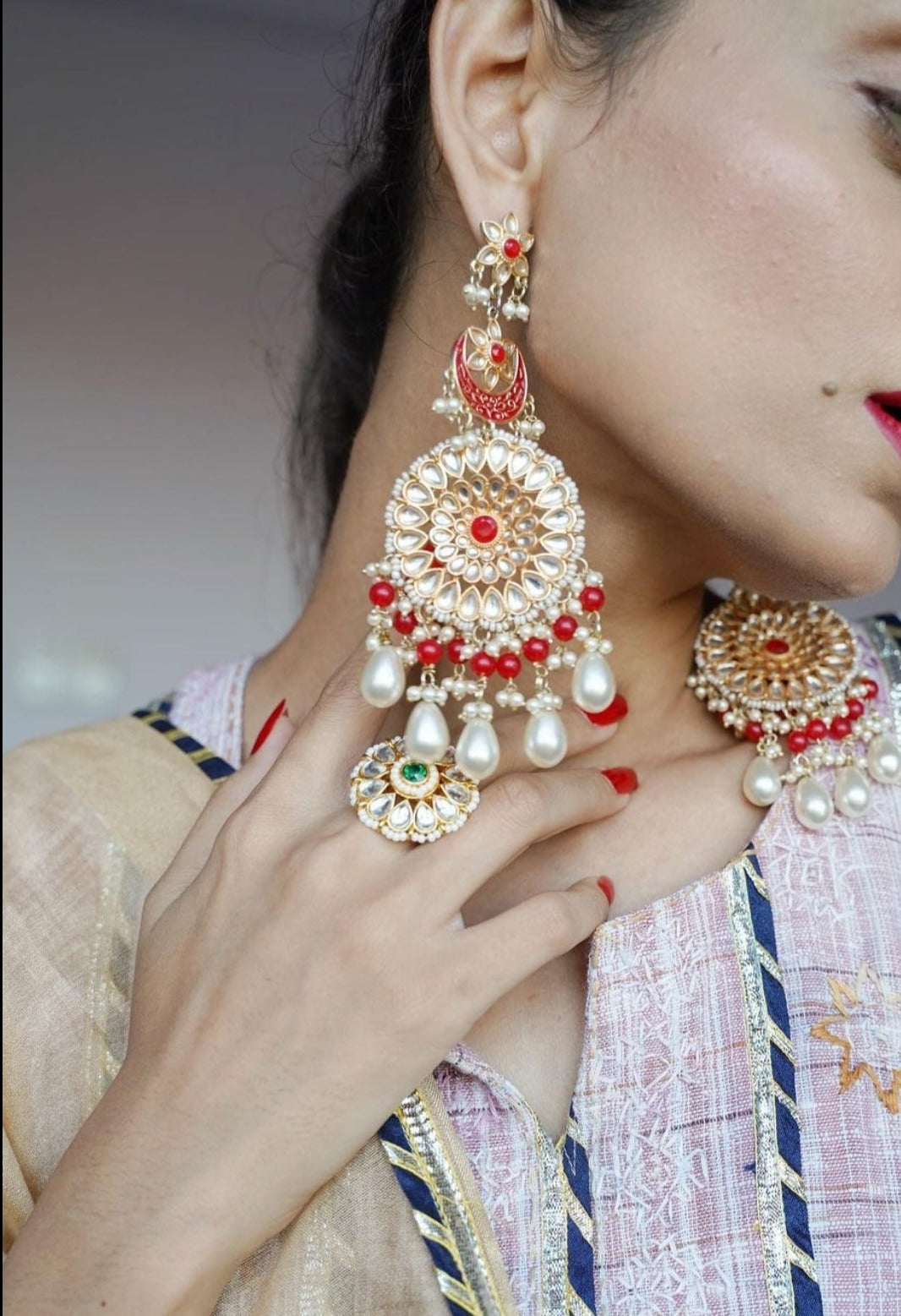 Kundan Chandbali Earrings with Red Beads and Pearls