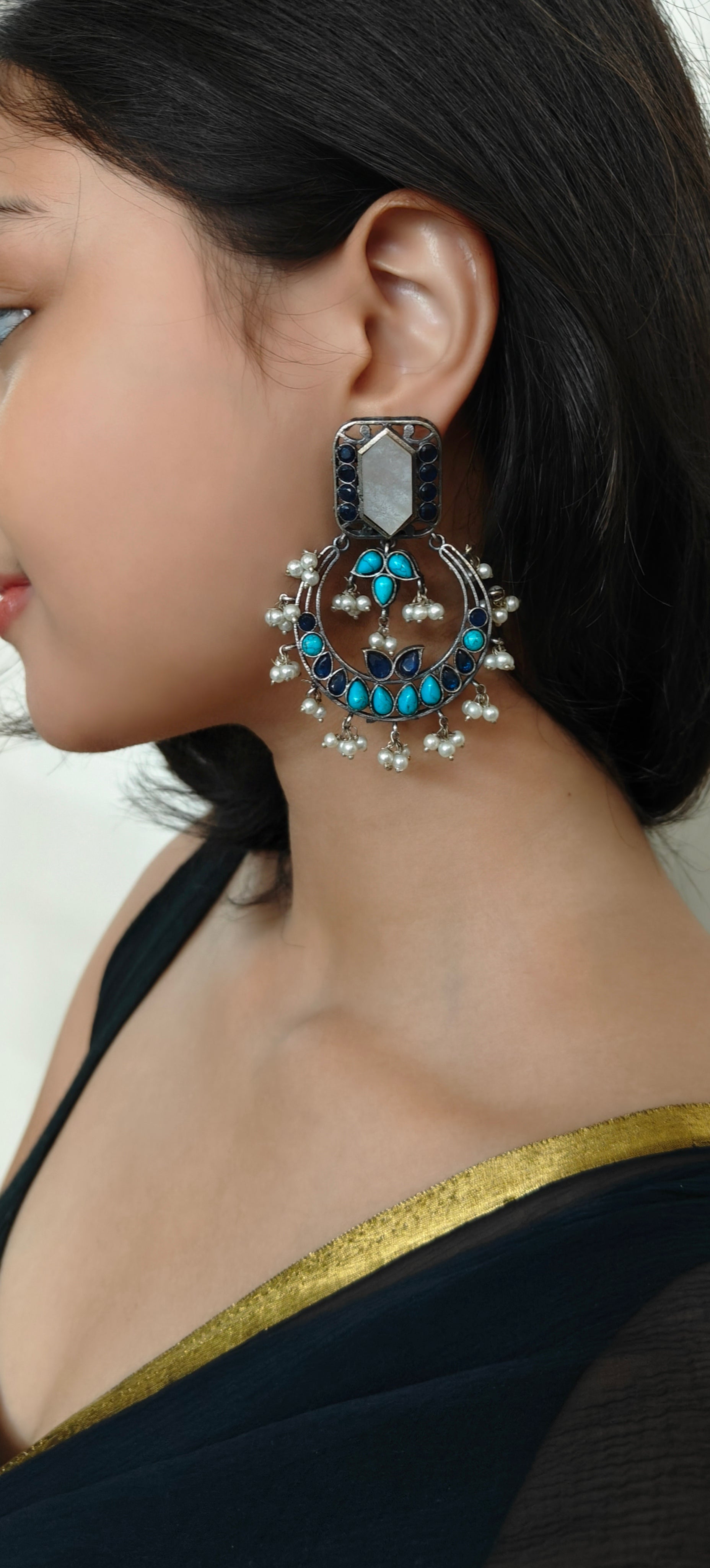Ozel Oxidised Silver Plated Chandbali Earrings