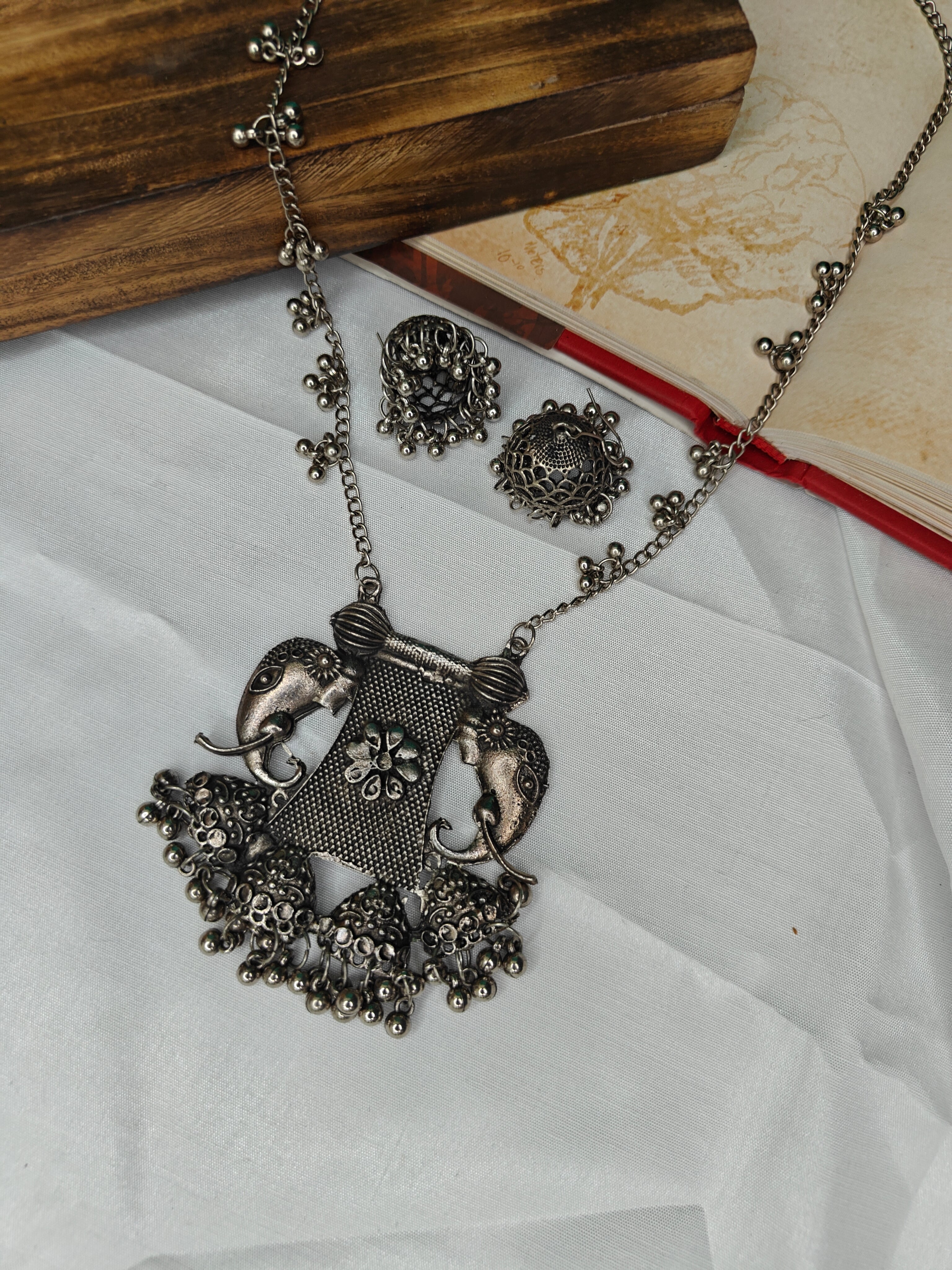 Oxidised Silver Long Necklace Set