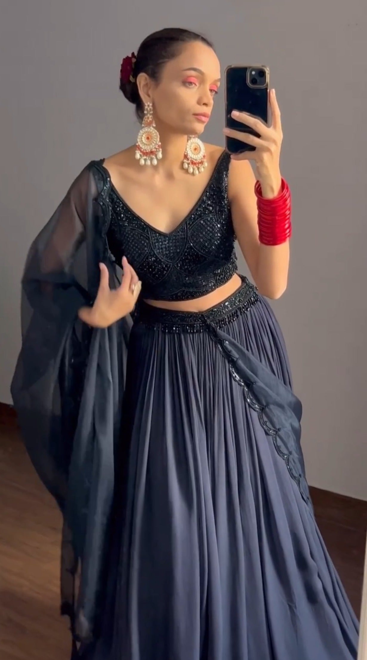 Kundan Chandbali Earrings with Red Beads and Pearls