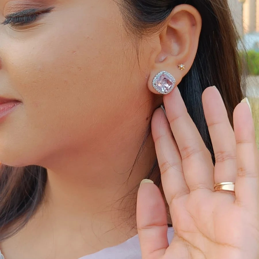 PINK ROSE QUARTZ WITH AMERICAN DIAMOND EAR STUDS