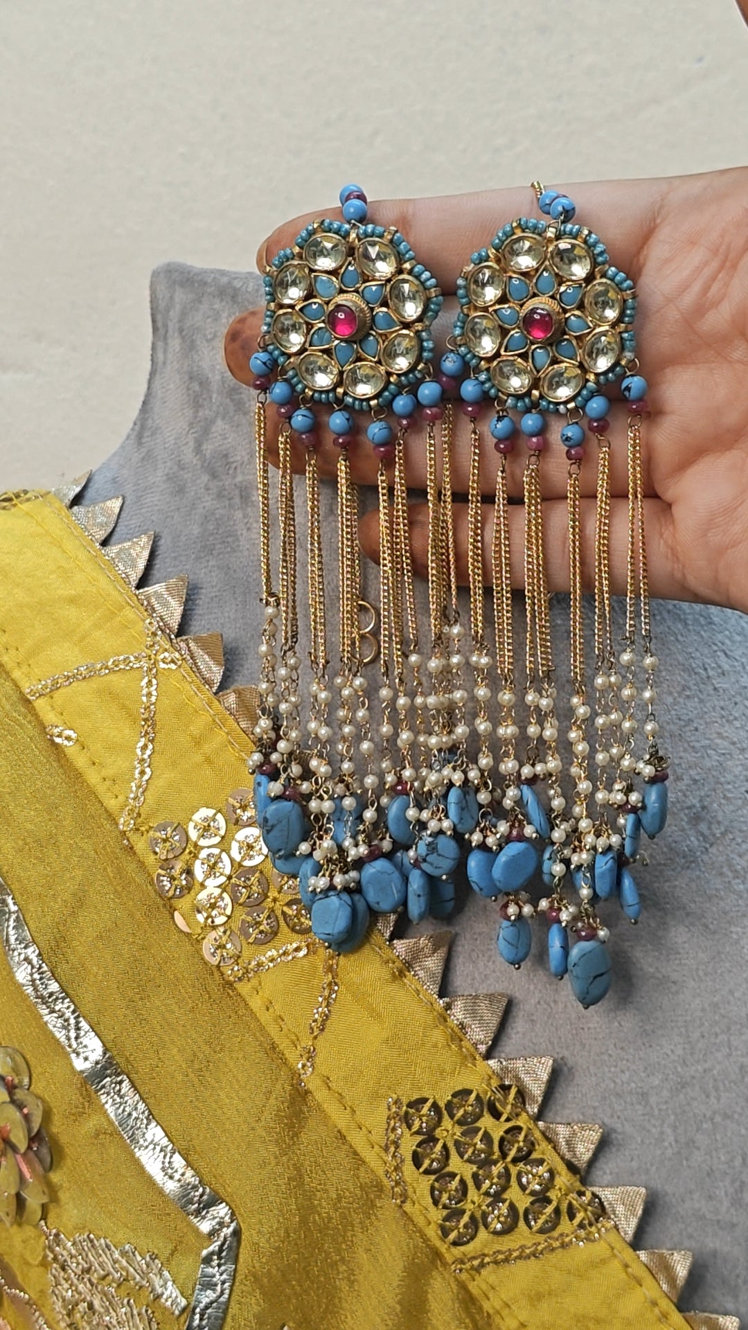 Kundan Chandelier Earrings with Turquoise Beads