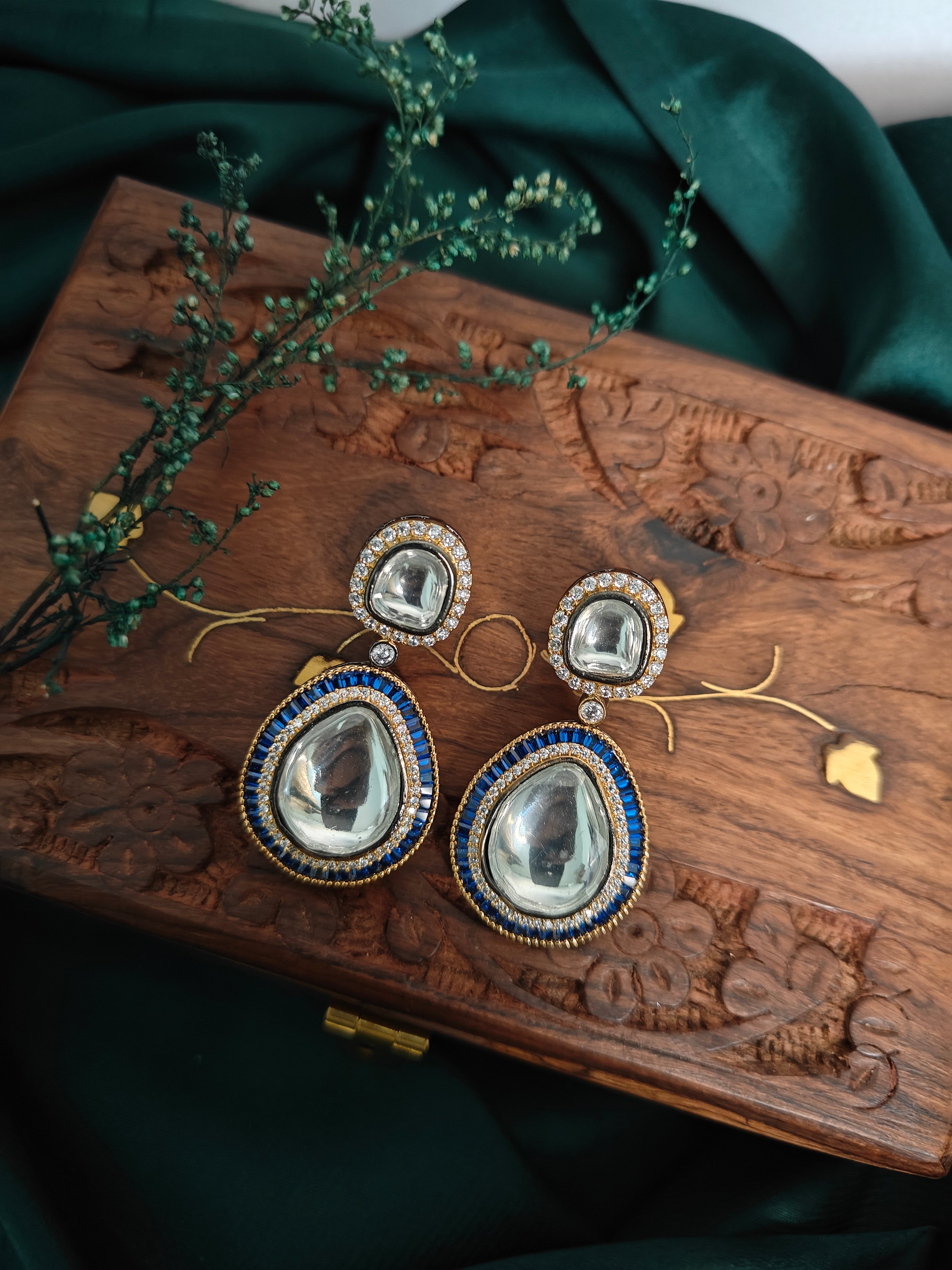 Ozel Gold Plated Kundan Moissonite Polki Stones Drop Earrings