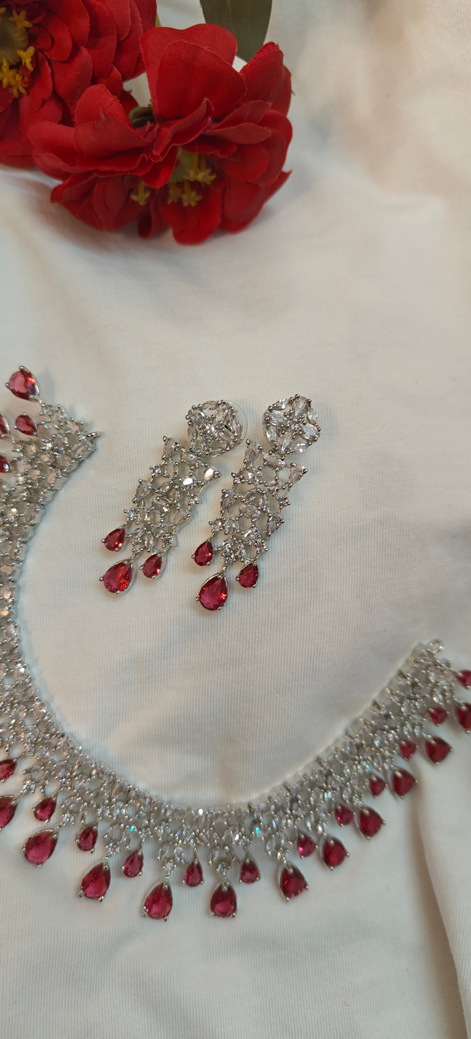American Diamond Necklace Set With Ruby Stones