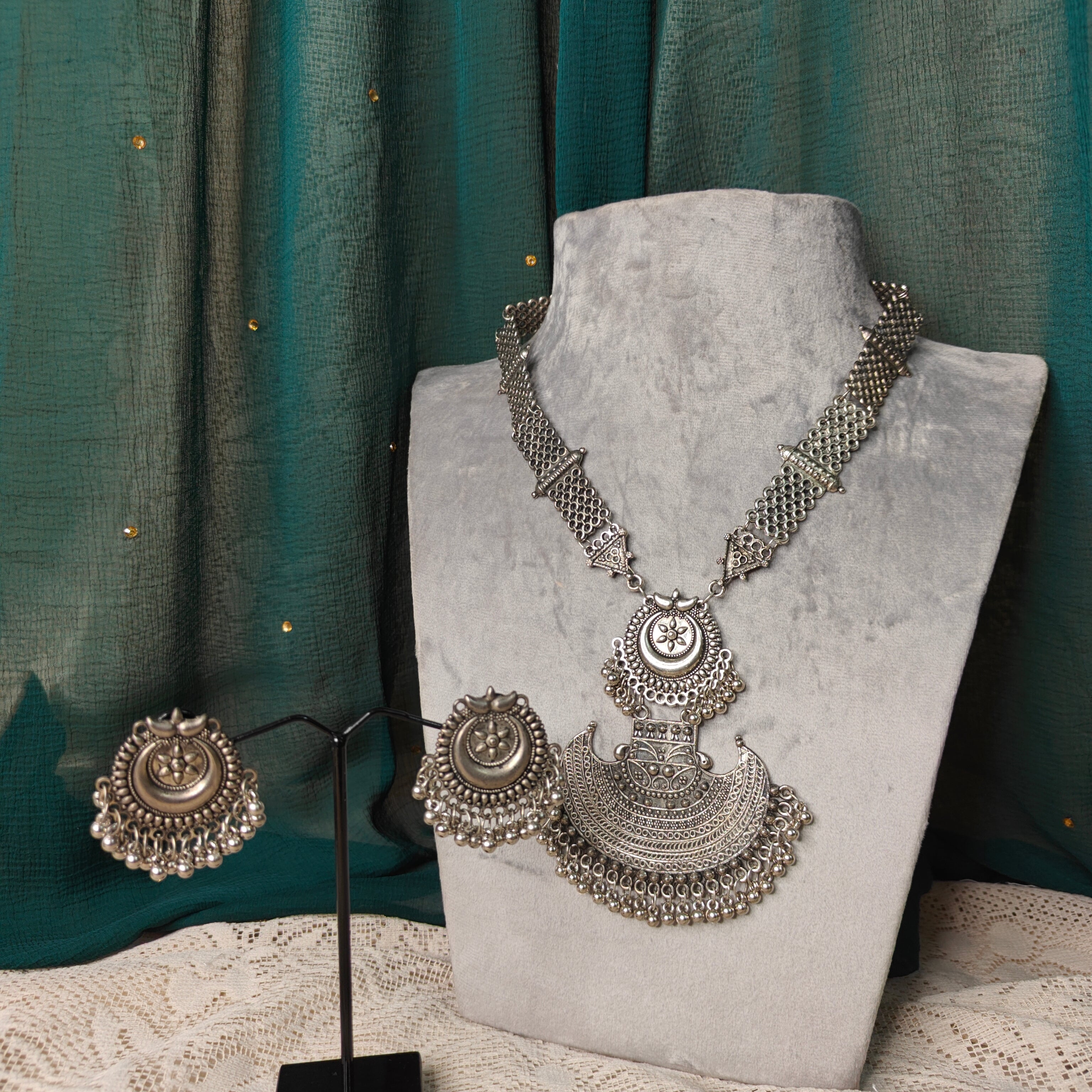 Oxidised Silver Long Necklace Set