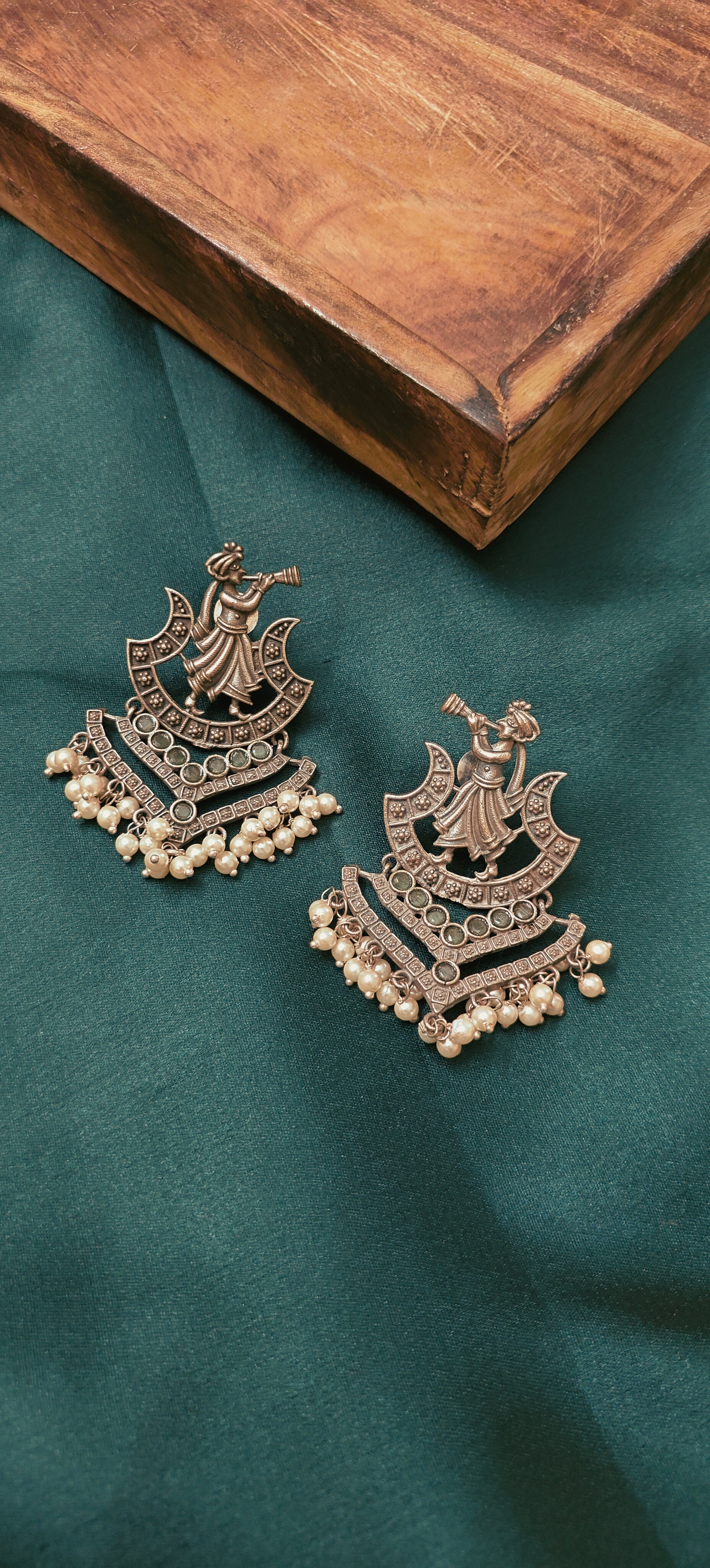 Ozel Oxidised Silver Plated with Mint Green Stone and Pearls Long Earrings