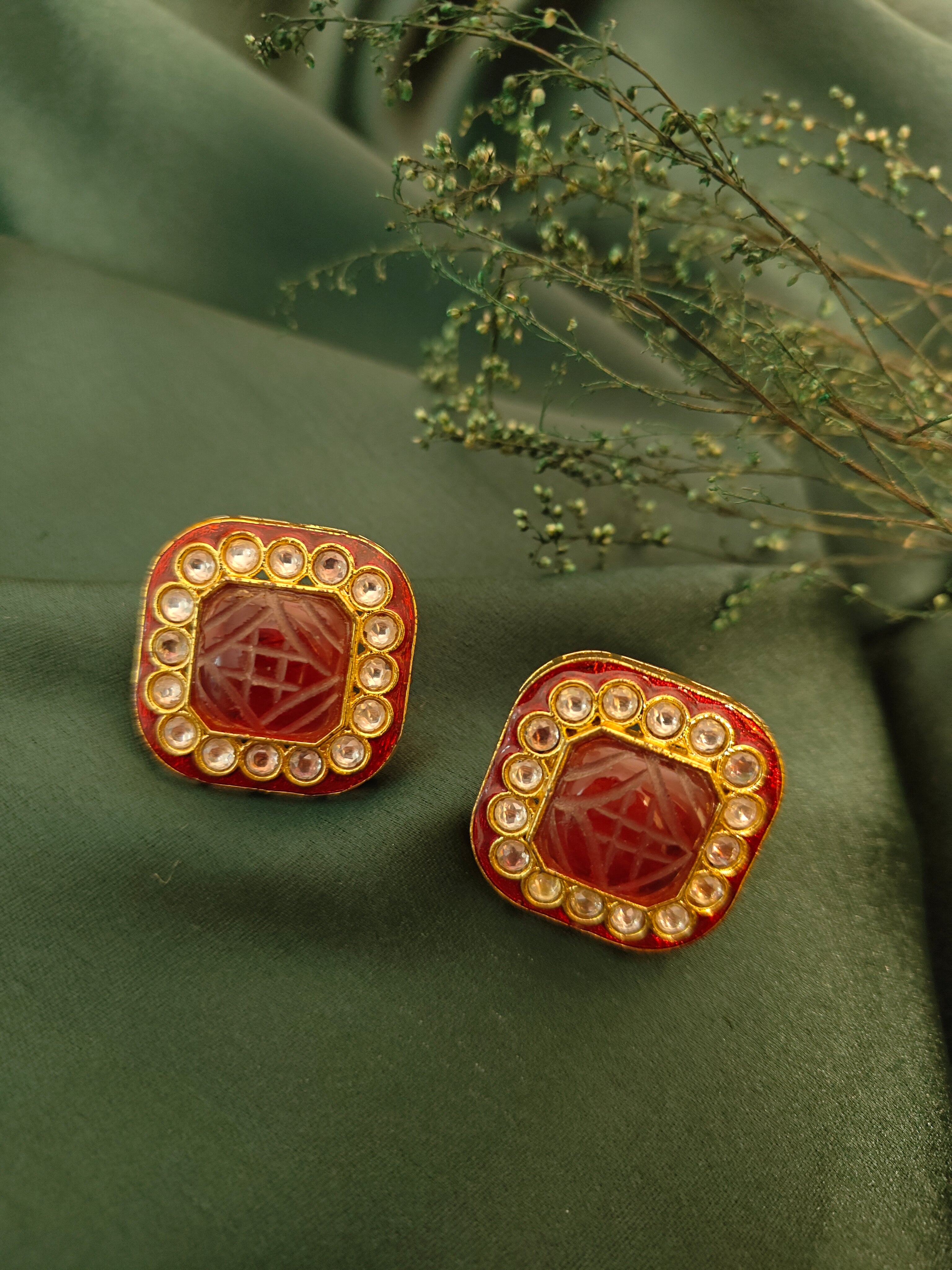 Kundan Ear Studs with Red Carved Stone