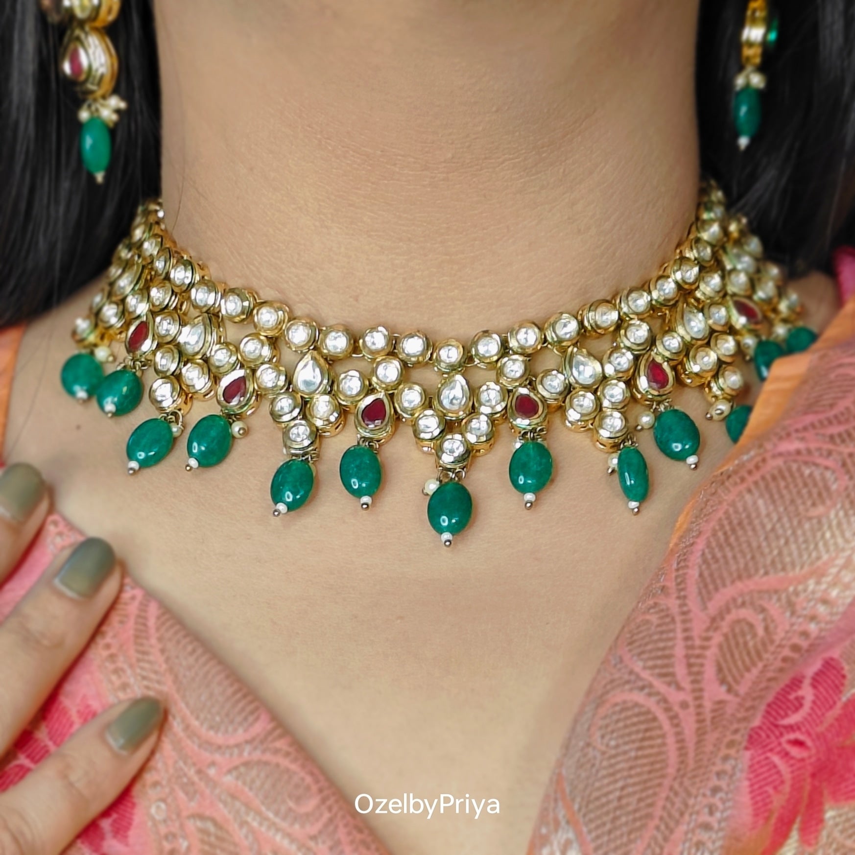 Kundan Necklace Set with Green Emerald Stones