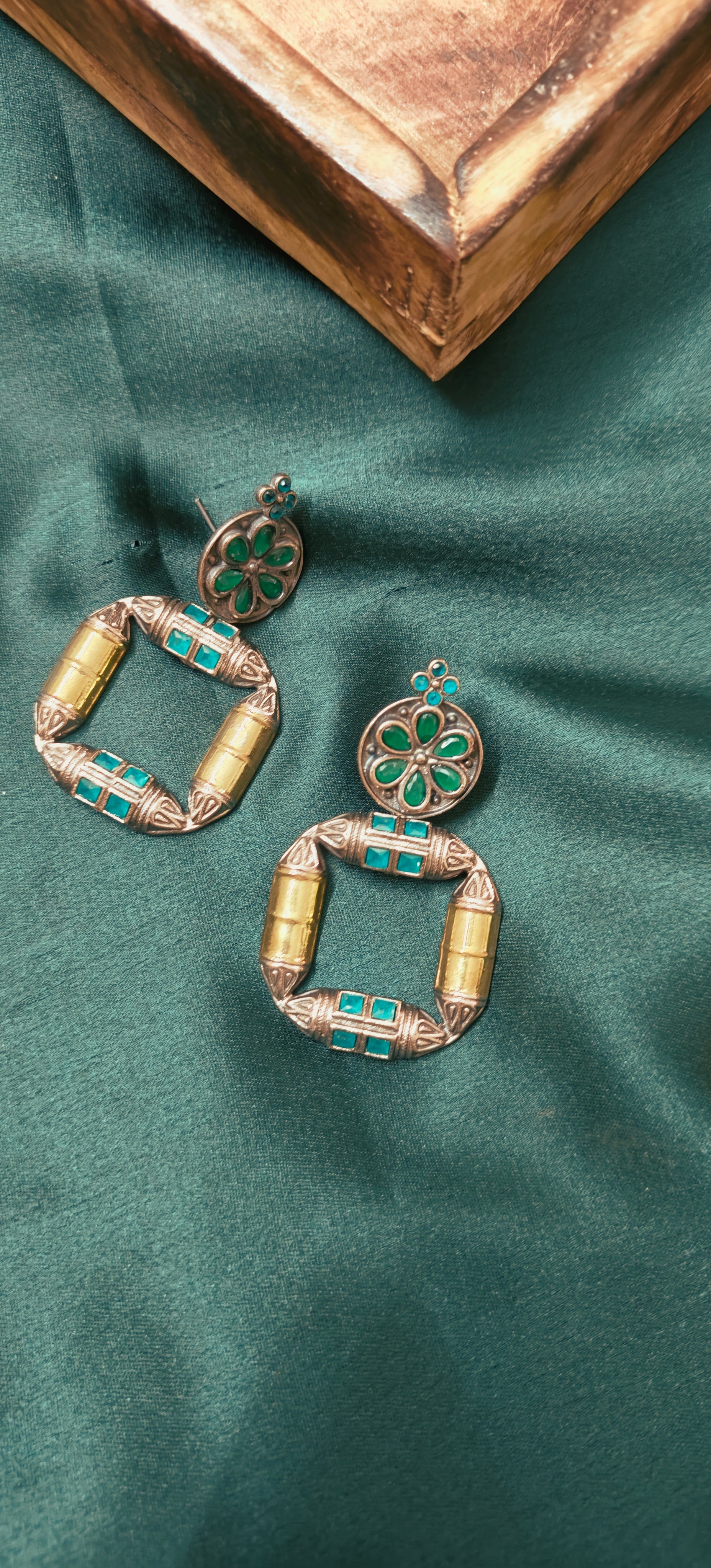 Ozel Oxidised Silver Plated with Emerald Green Stone Earrings