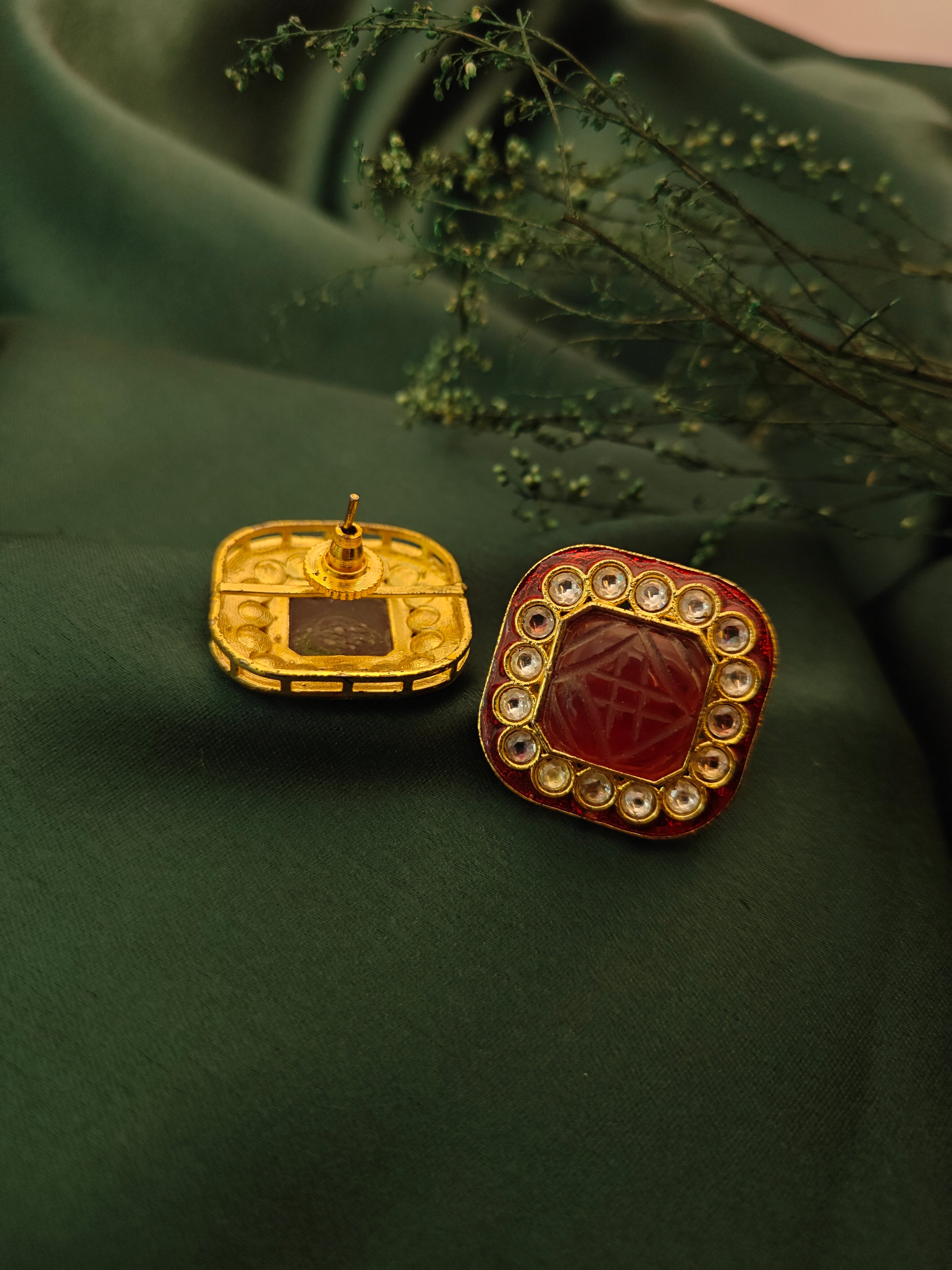 Kundan Ear Studs with Red Carved Stone
