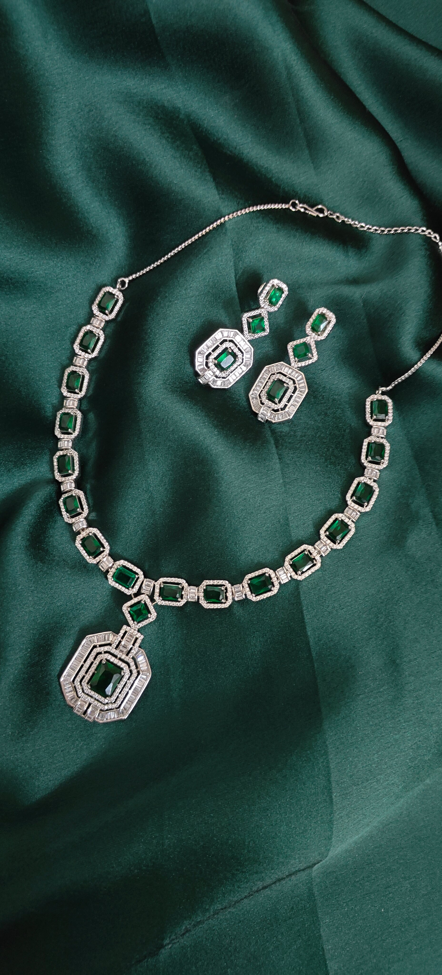 American Diamond with Emerald Green Statement Necklace Set