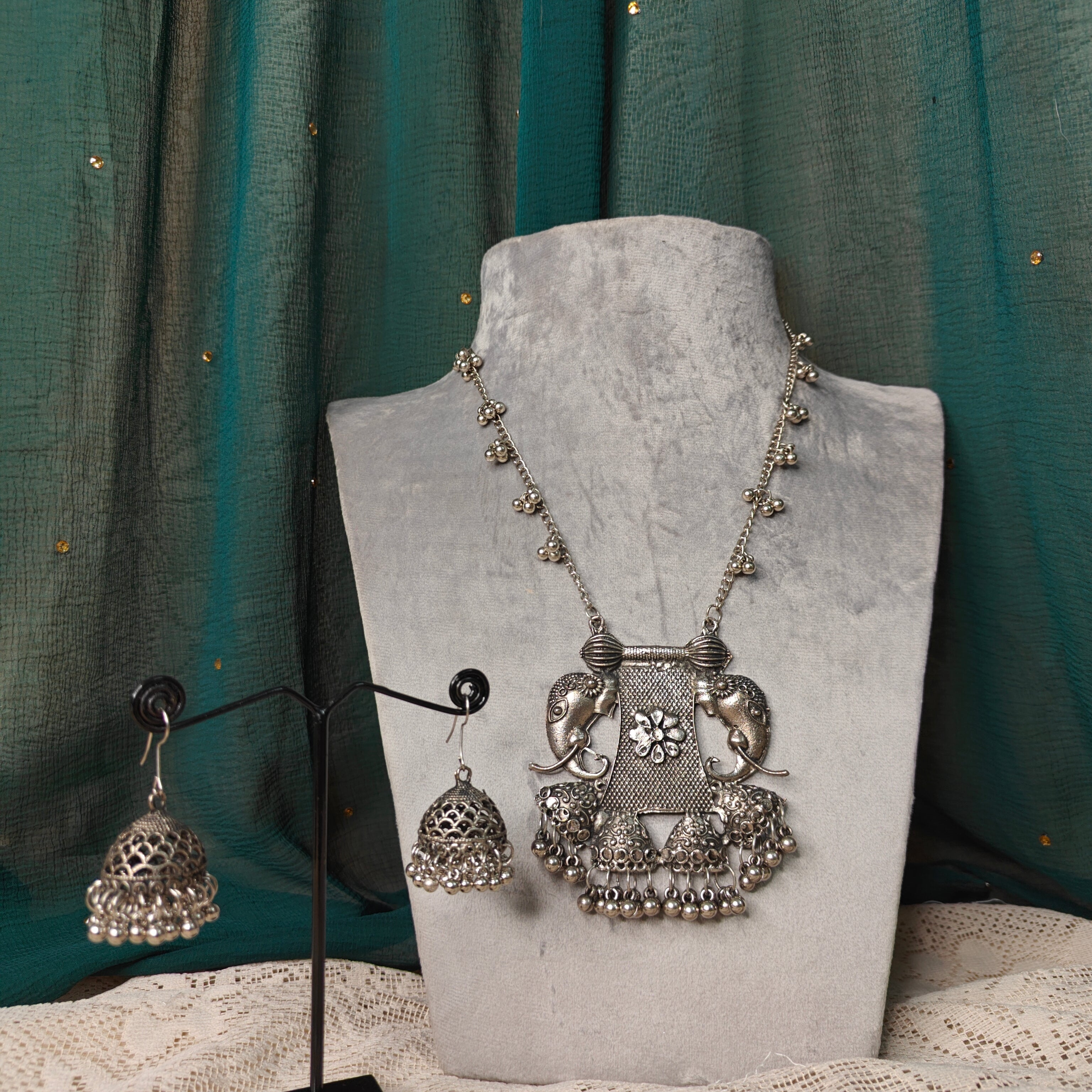 Oxidised Silver Long Necklace Set