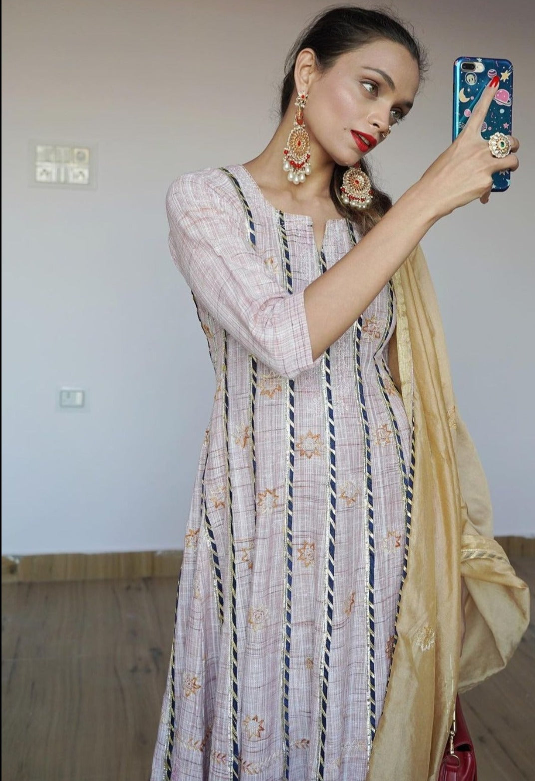 Kundan Chandbali Earrings with Red Beads and Pearls