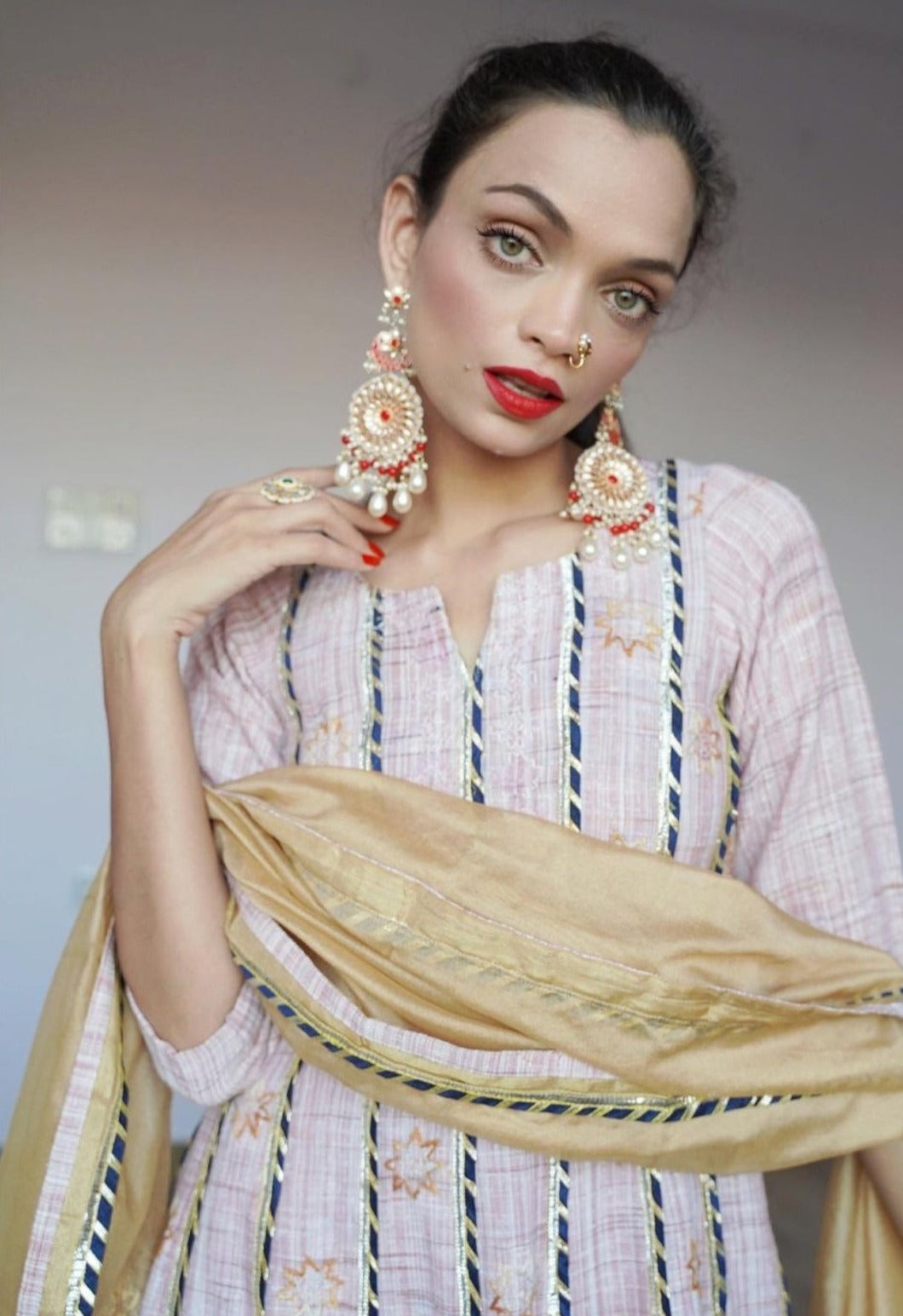 Kundan Chandbali Earrings with Red Beads and Pearls