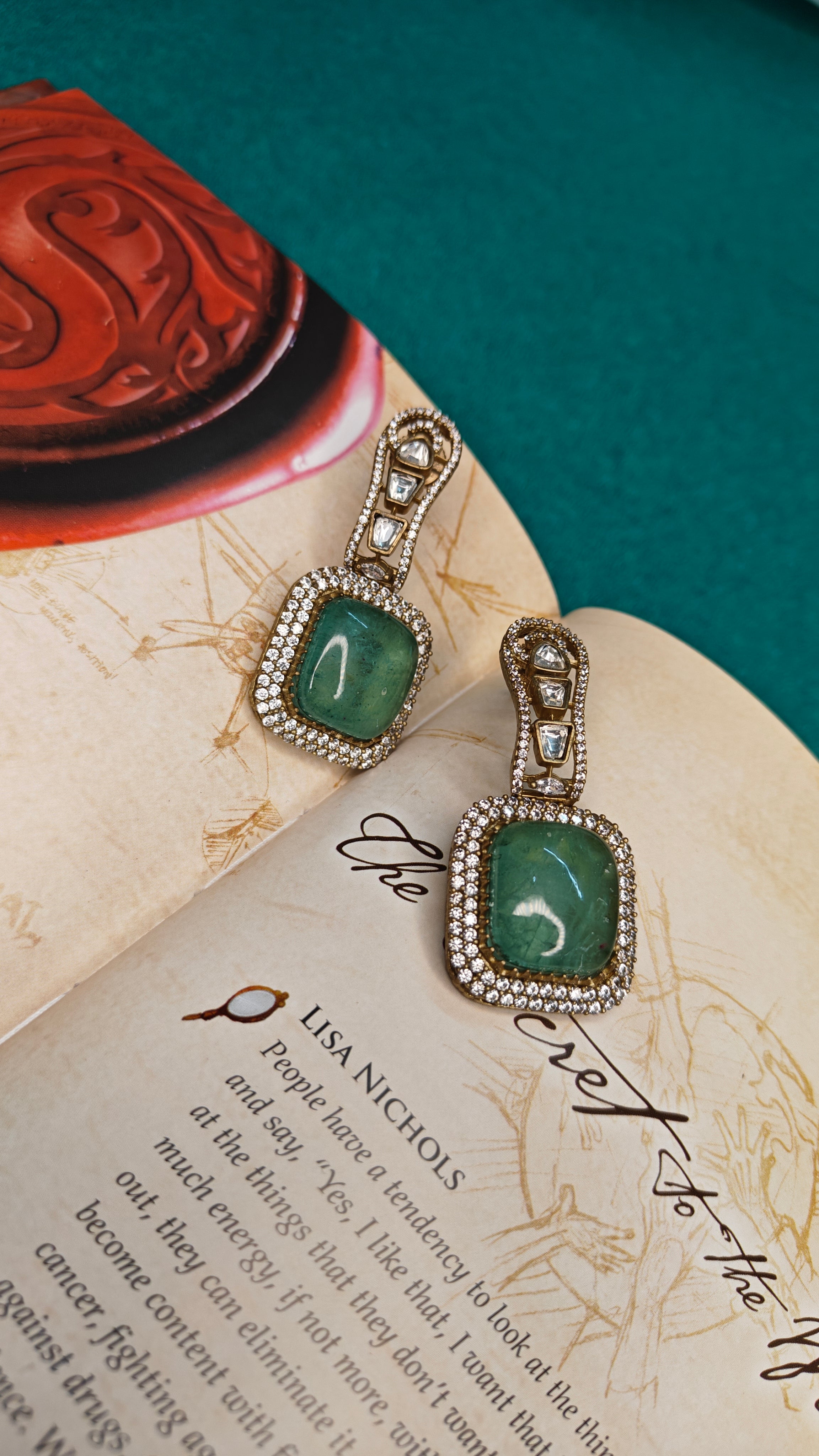 Ozel Gold Plated Kundan Moissonite Polki and American Diamonds Green Stone Earrings