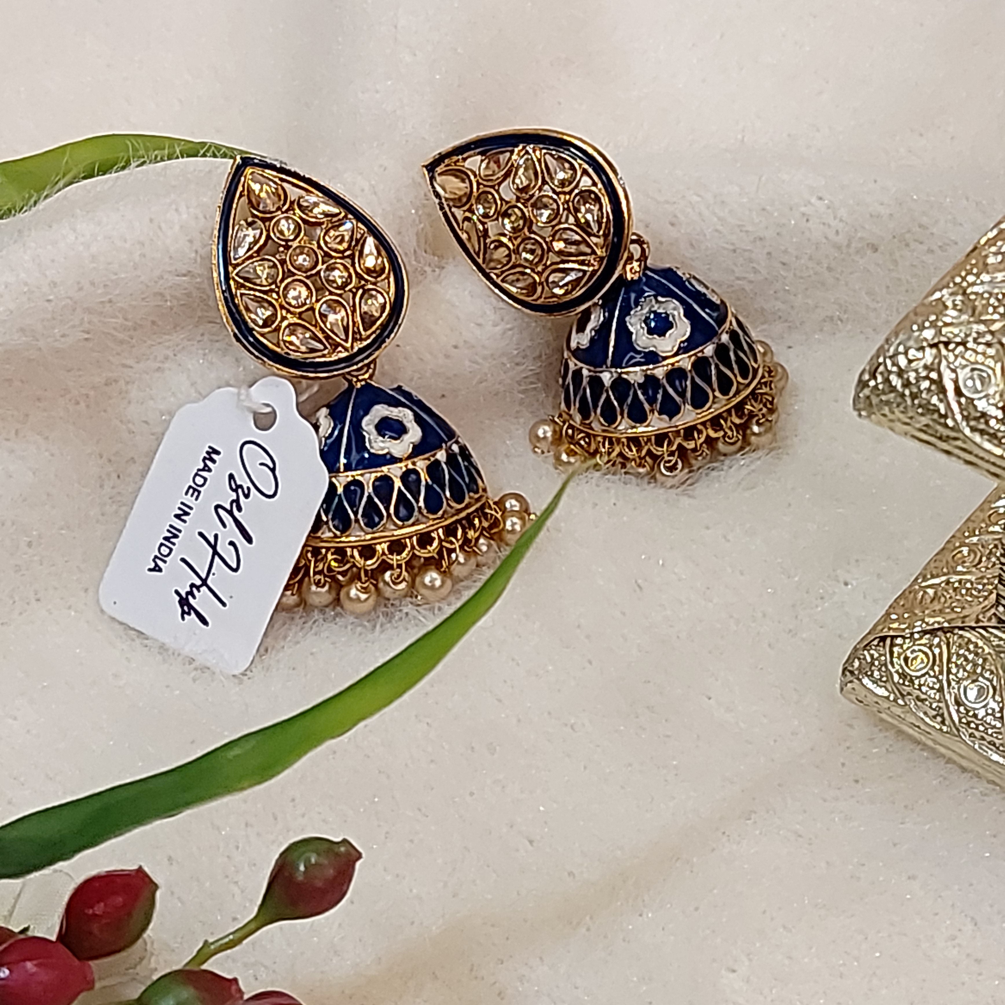 BLUE ENAMEL JHUMKA EARRING WITH KUNDAN ELEMENTS