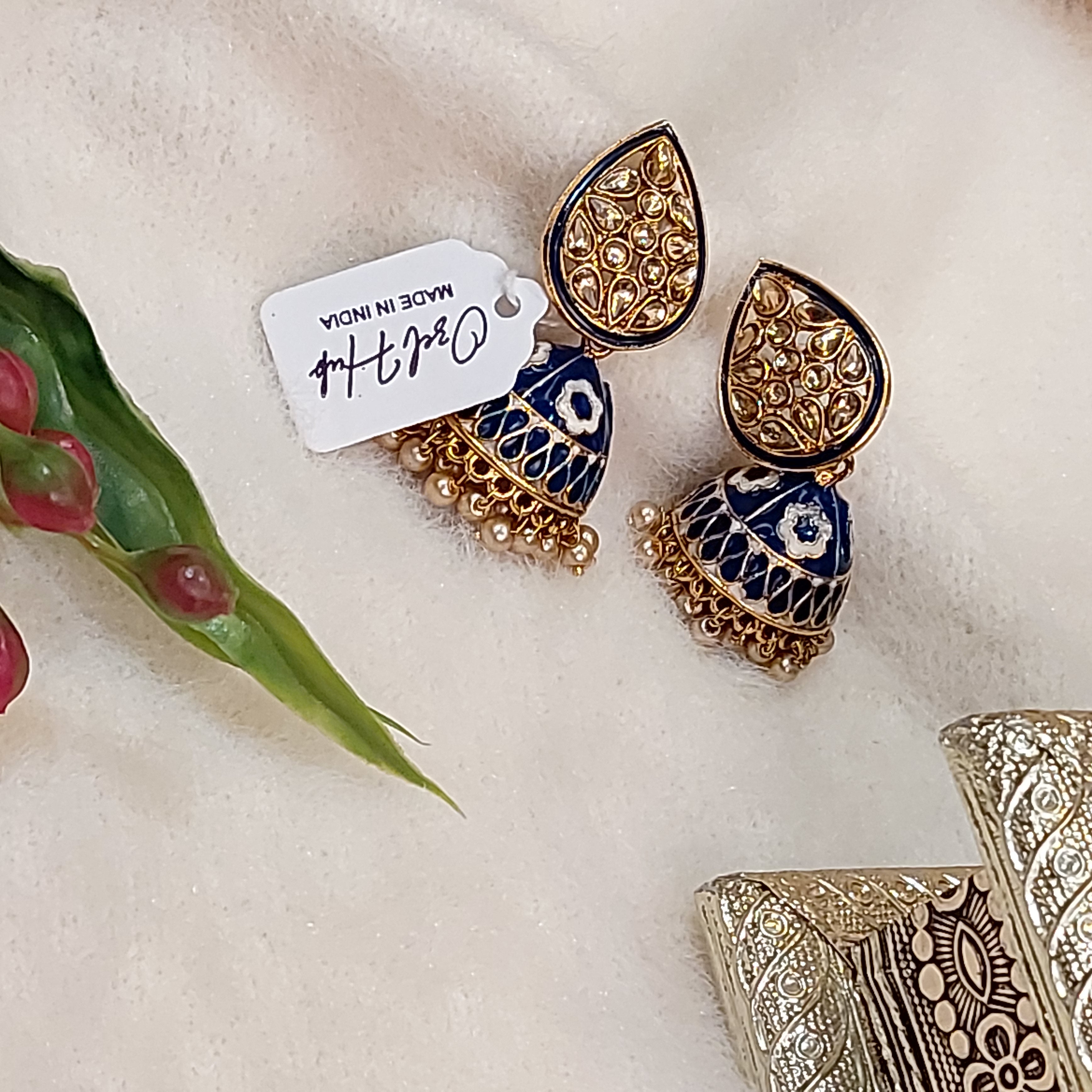 BLUE ENAMEL JHUMKA EARRING WITH KUNDAN ELEMENTS