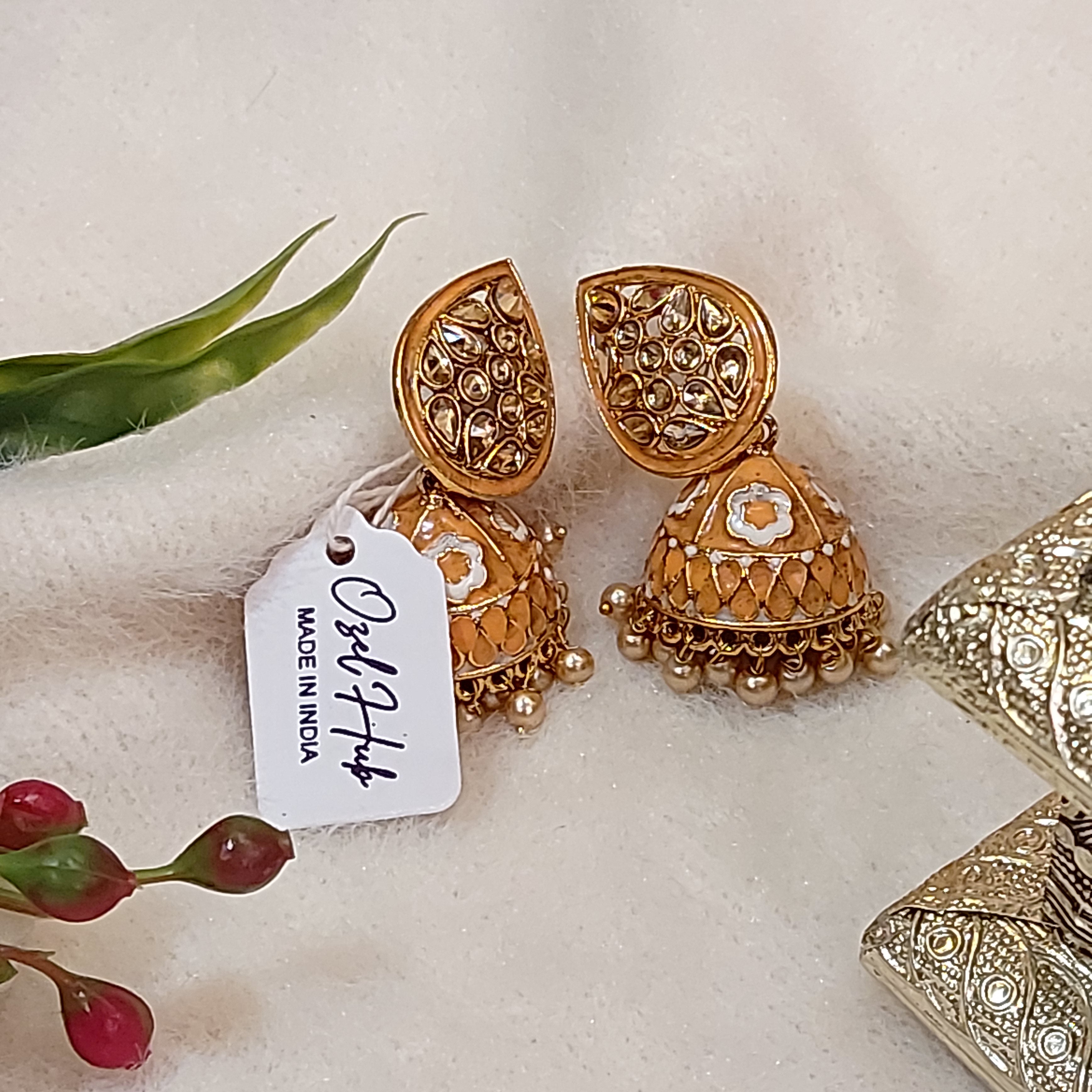 YELLOW ENAMEL JHUMKA EARRING WITH KUNDAN ELEMENTS