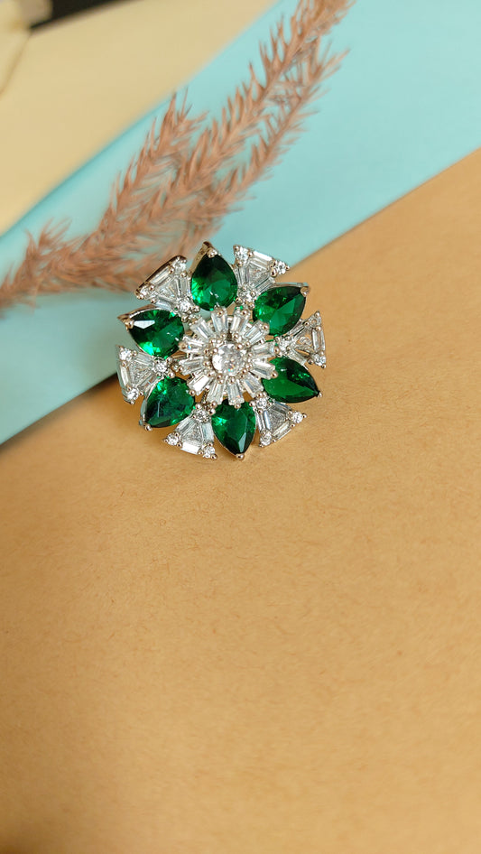 AMERICAN DIAMOND WITH EMERALD GREEN STONE COCKTAIL RING