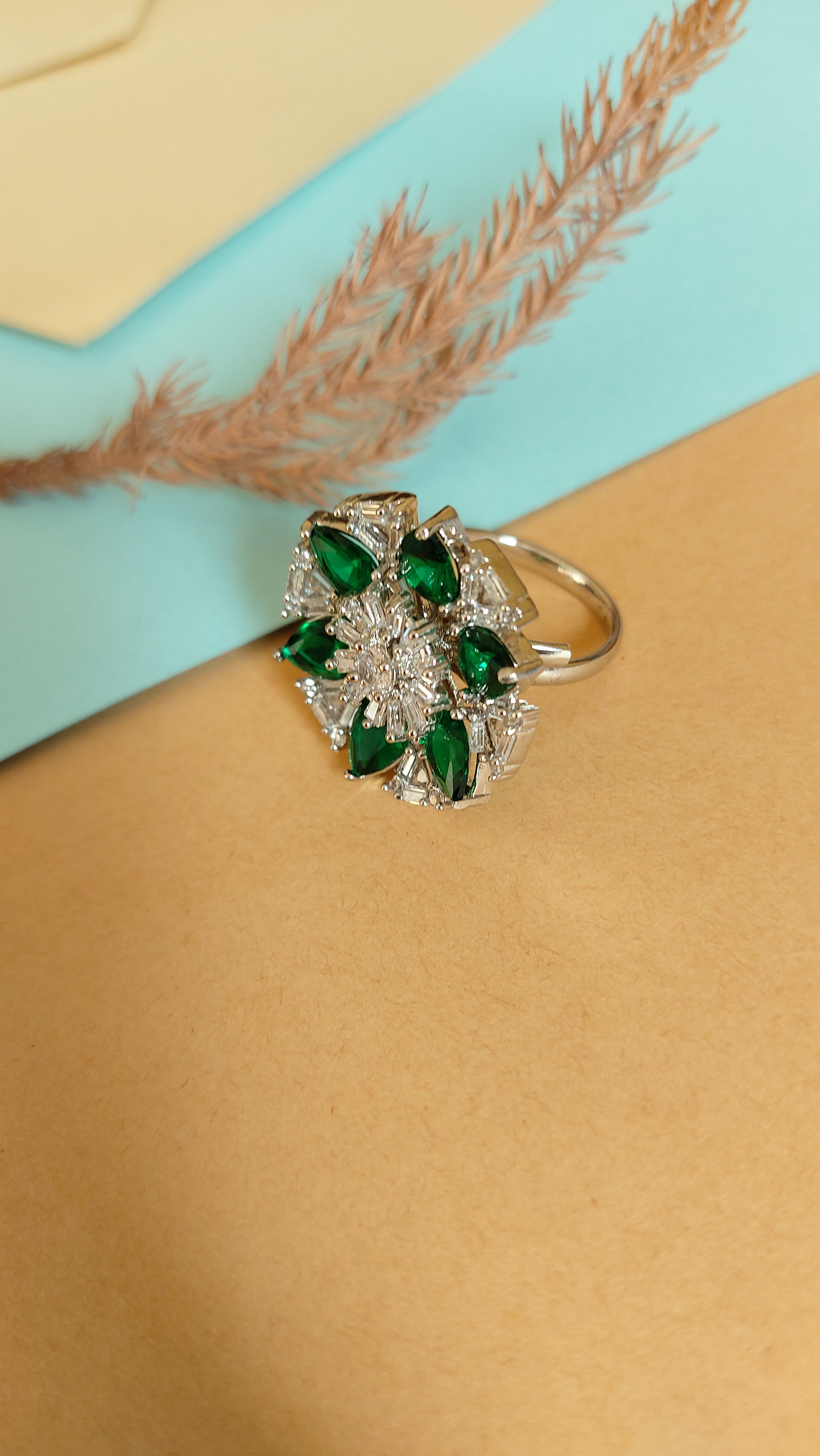 AMERICAN DIAMOND WITH EMERALD GREEN STONE COCKTAIL RING