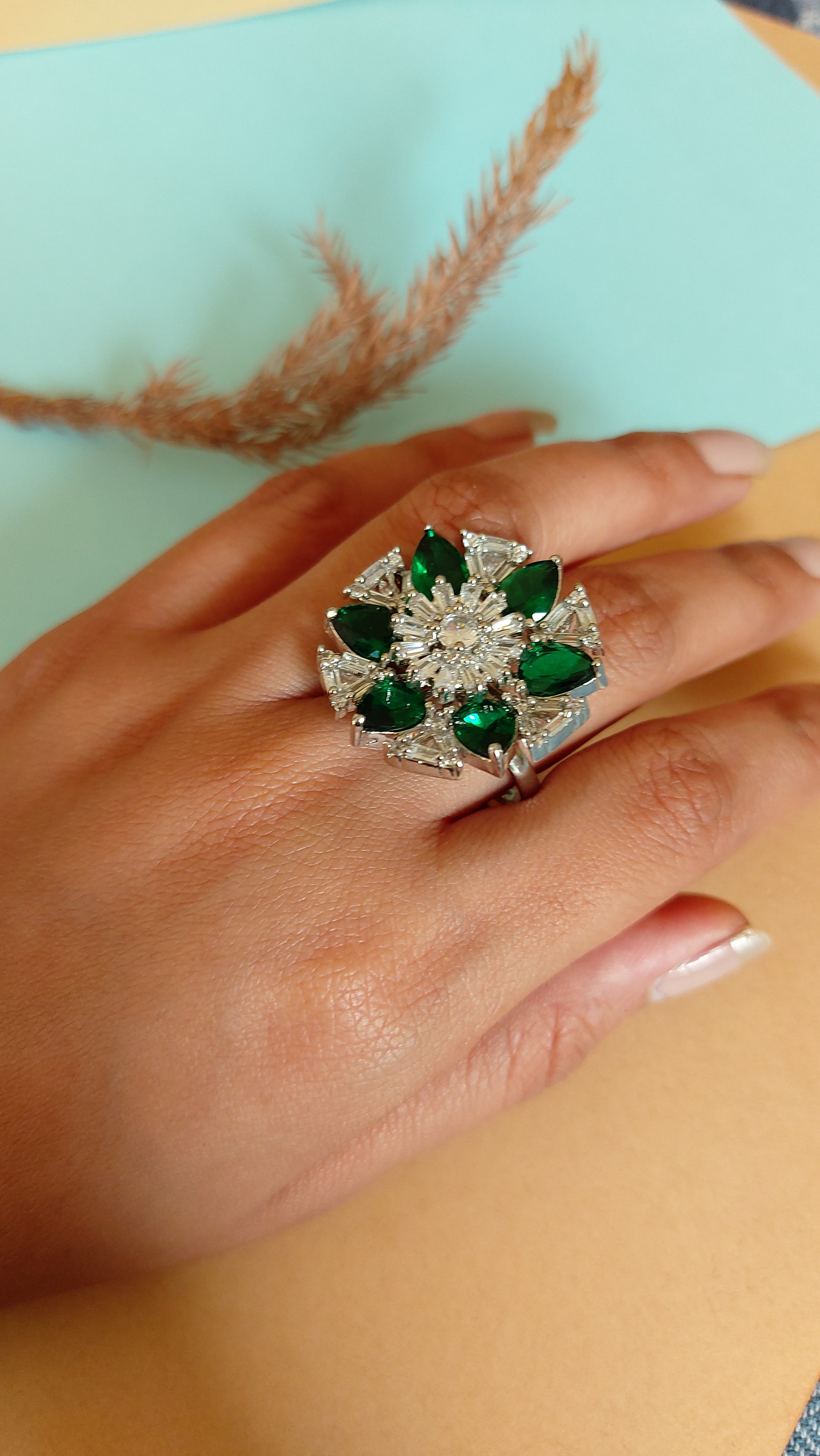 AMERICAN DIAMOND WITH EMERALD GREEN STONE COCKTAIL RING