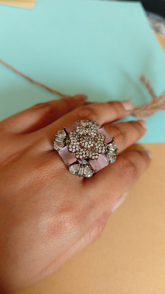 AMERICAN DIAMOND WITH PASTEL PINK STONE COCKTAIL RING