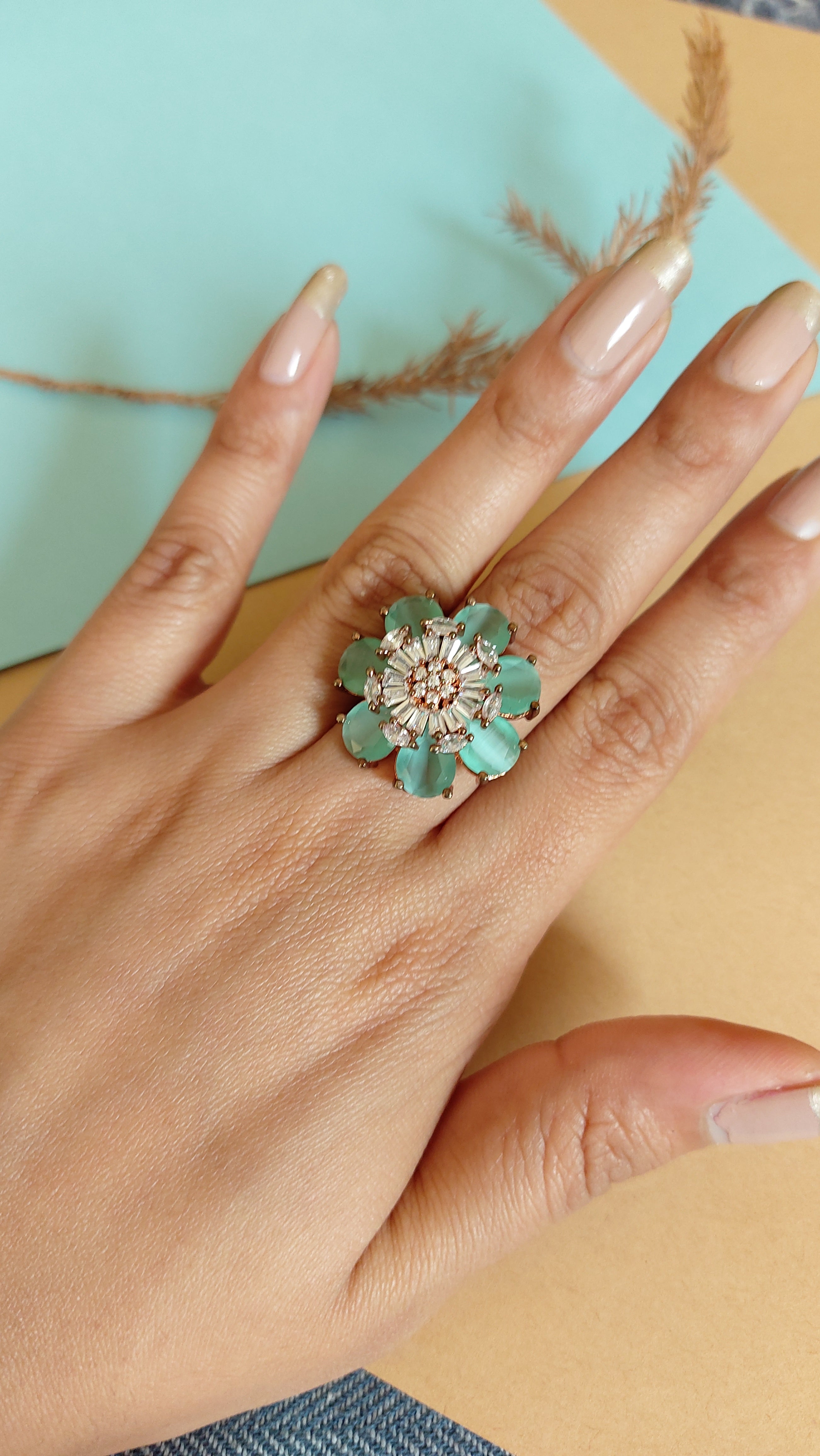AMERICAN DIAMOND WITH MINT GREEN STONE COCKTAIL RING