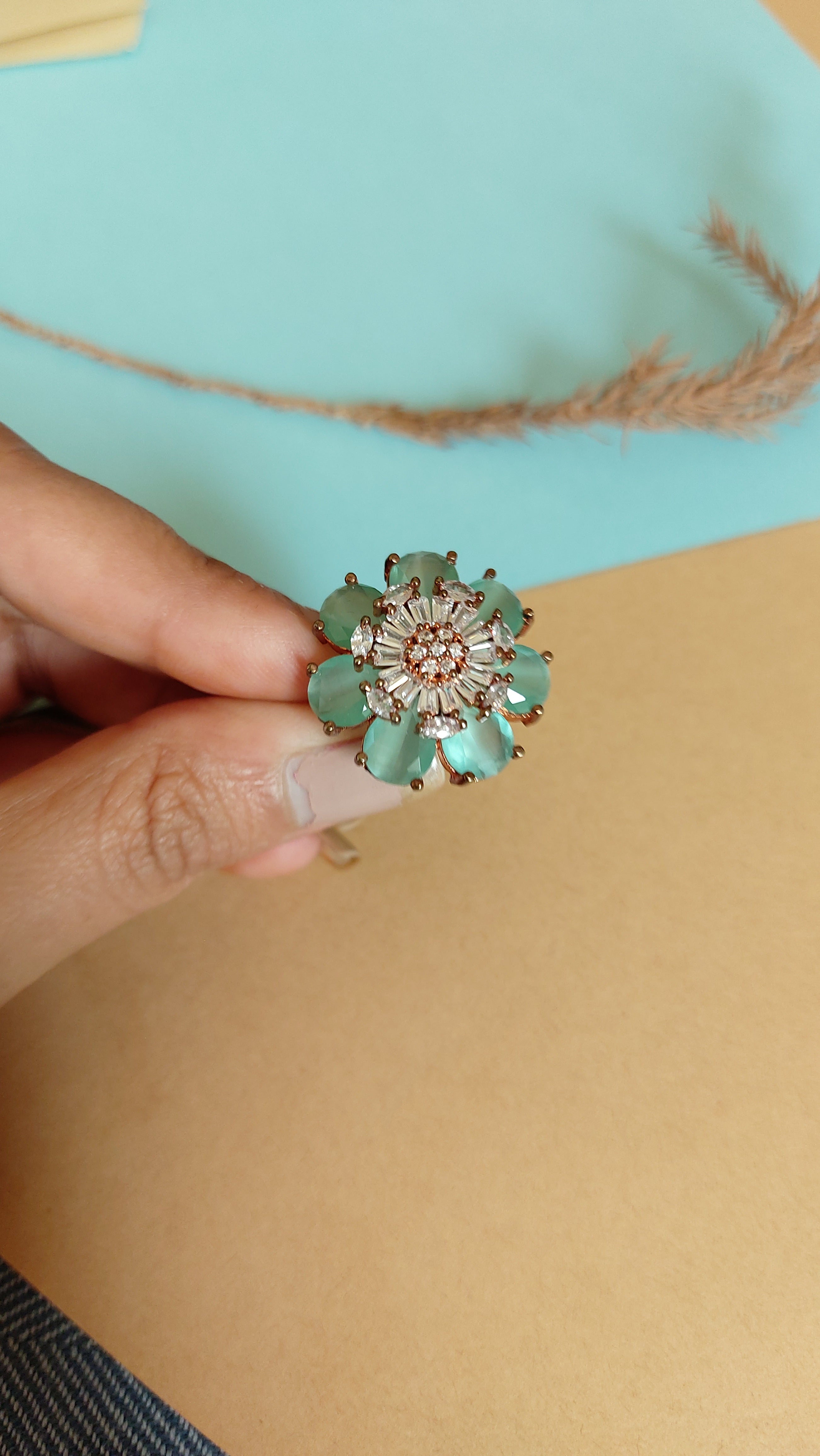 AMERICAN DIAMOND WITH MINT GREEN STONE COCKTAIL RING