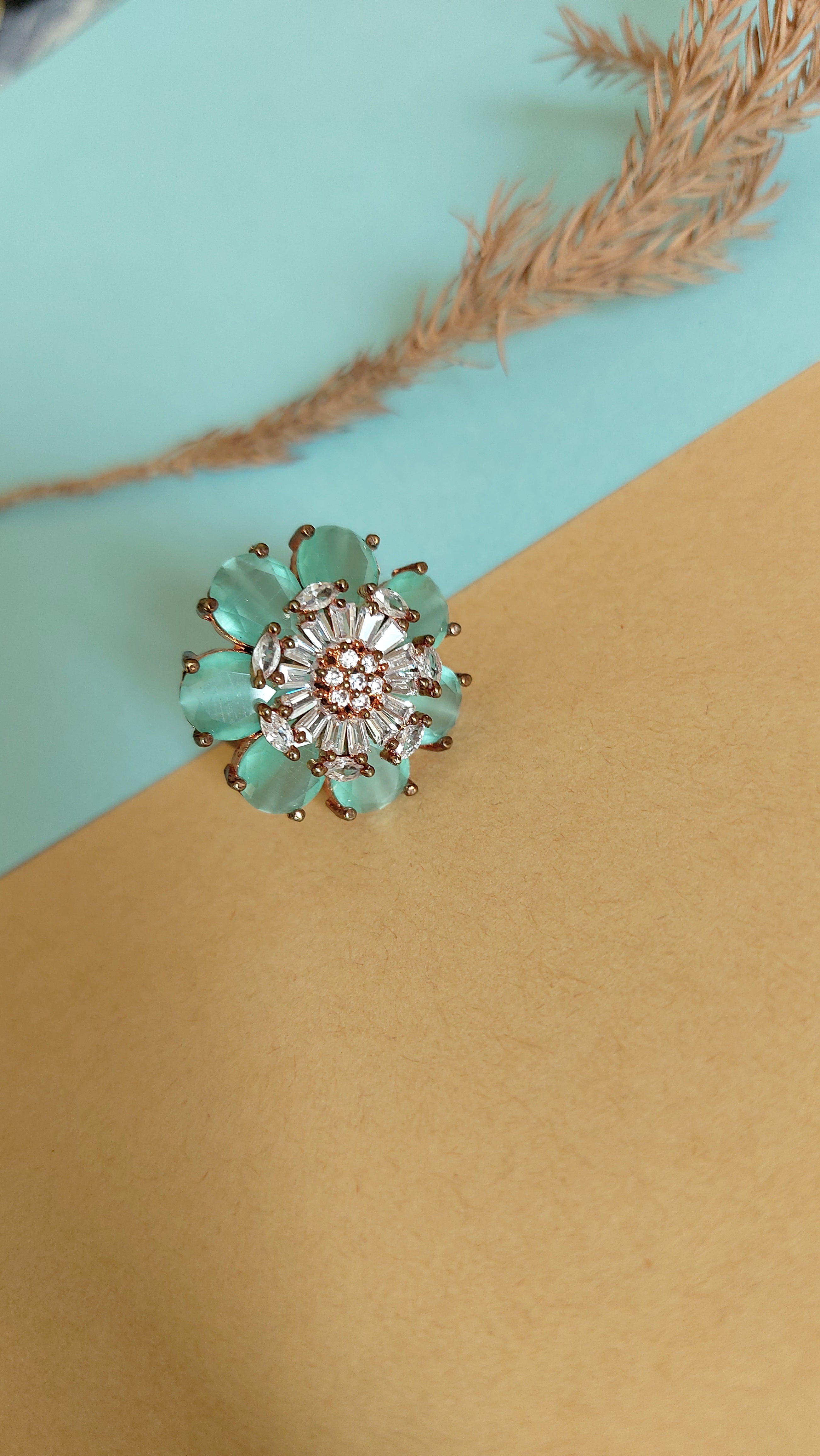 AMERICAN DIAMOND WITH MINT GREEN STONE COCKTAIL RING