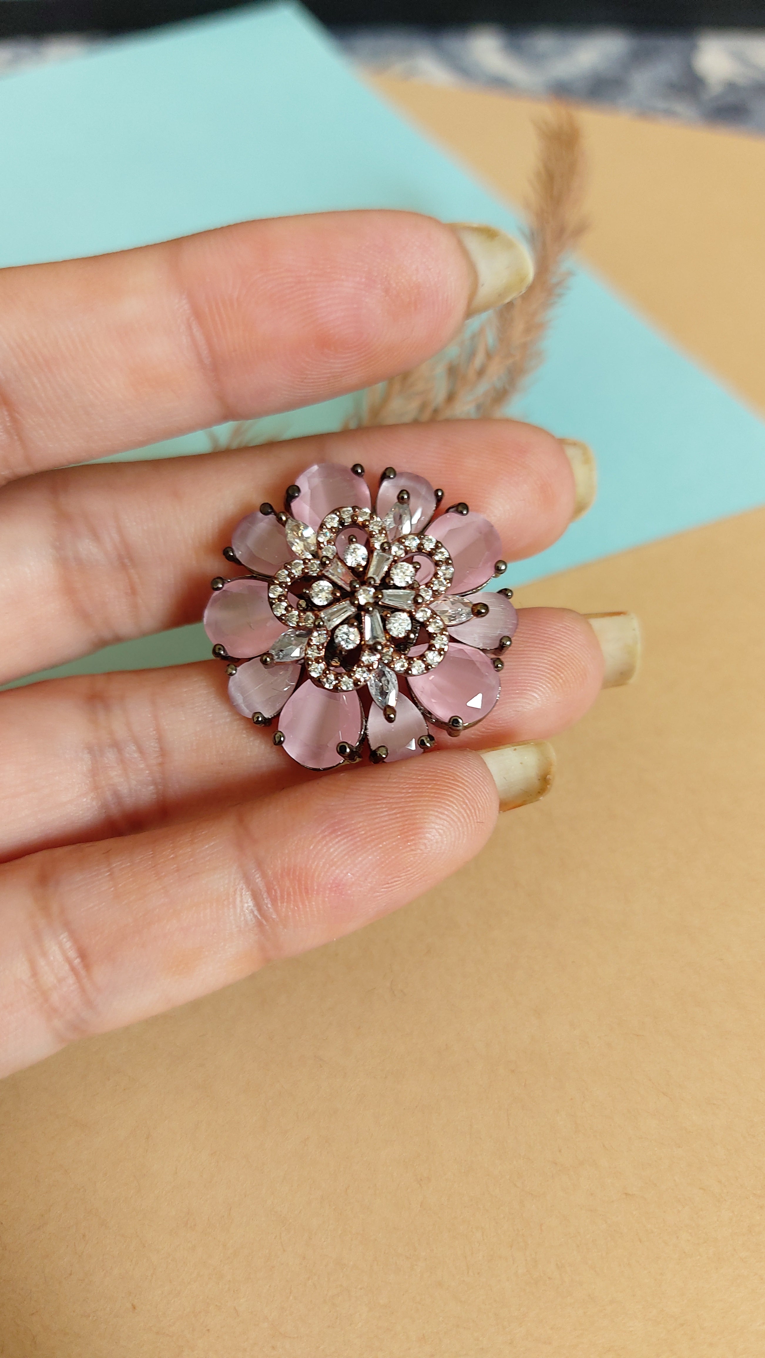 AMERICAN DIAMOND WITH PASTEL PINK STONE COCKTAIL RING