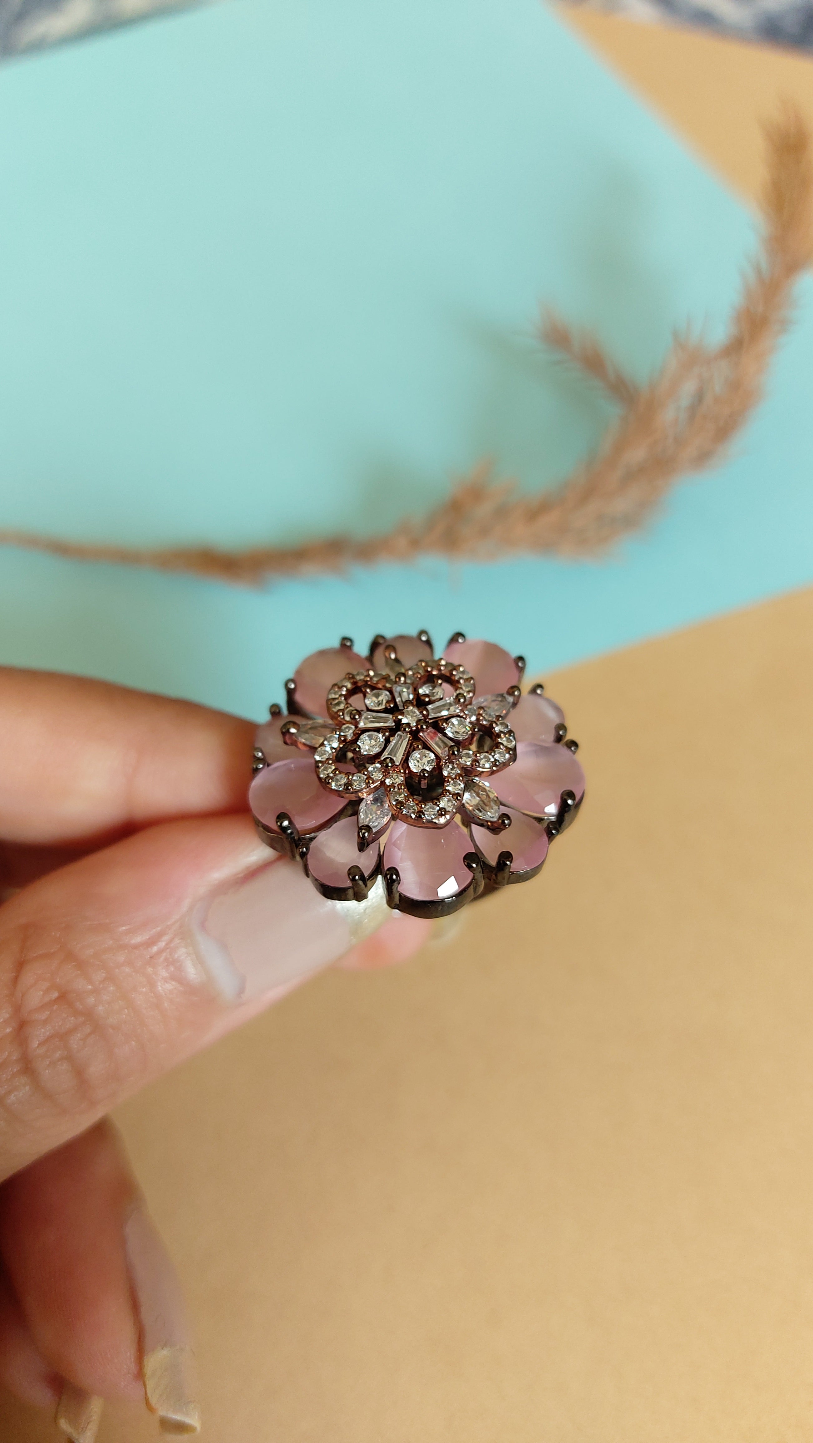 AMERICAN DIAMOND WITH PASTEL PINK STONE COCKTAIL RING