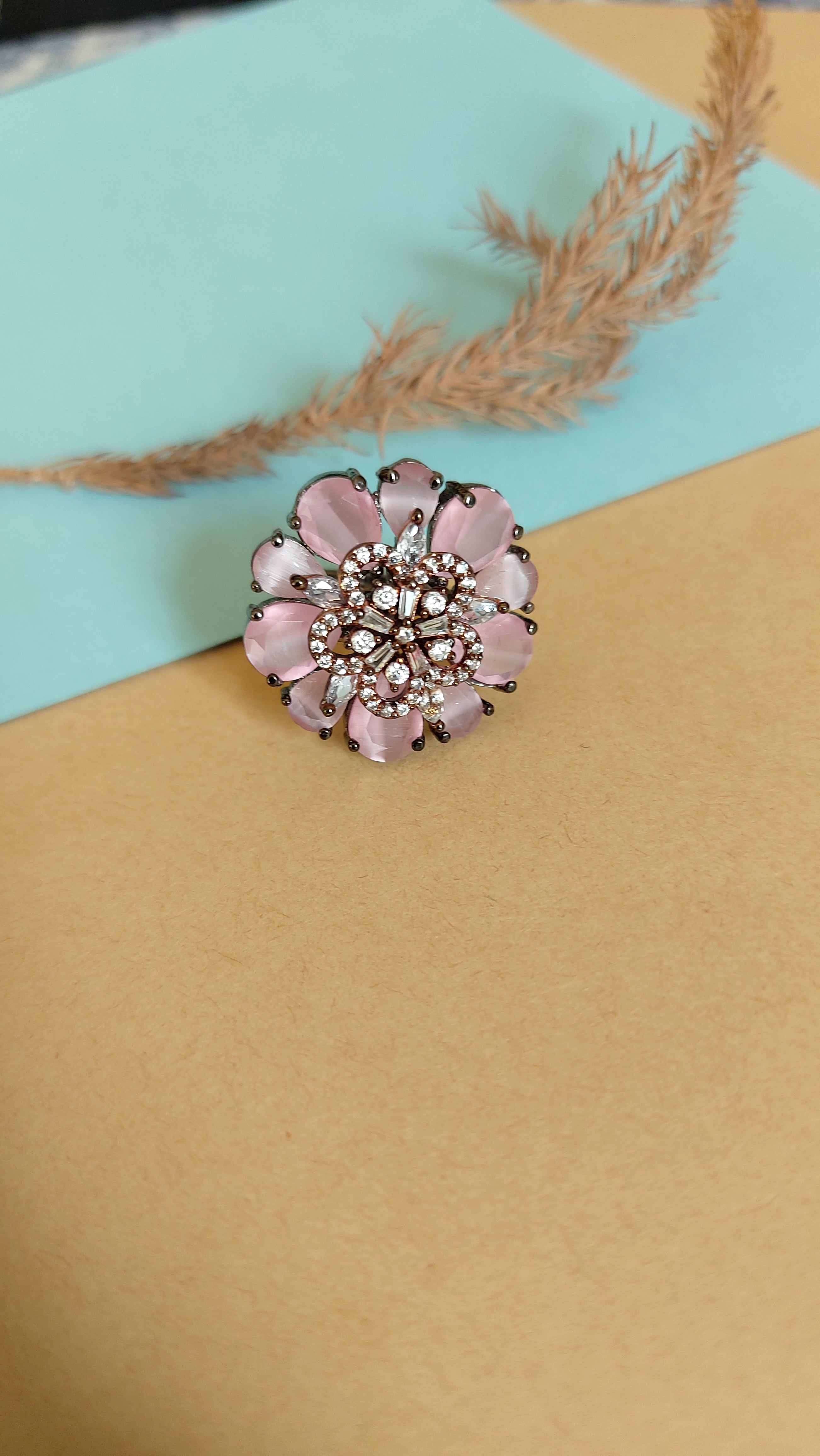 AMERICAN DIAMOND WITH PASTEL PINK STONE COCKTAIL RING