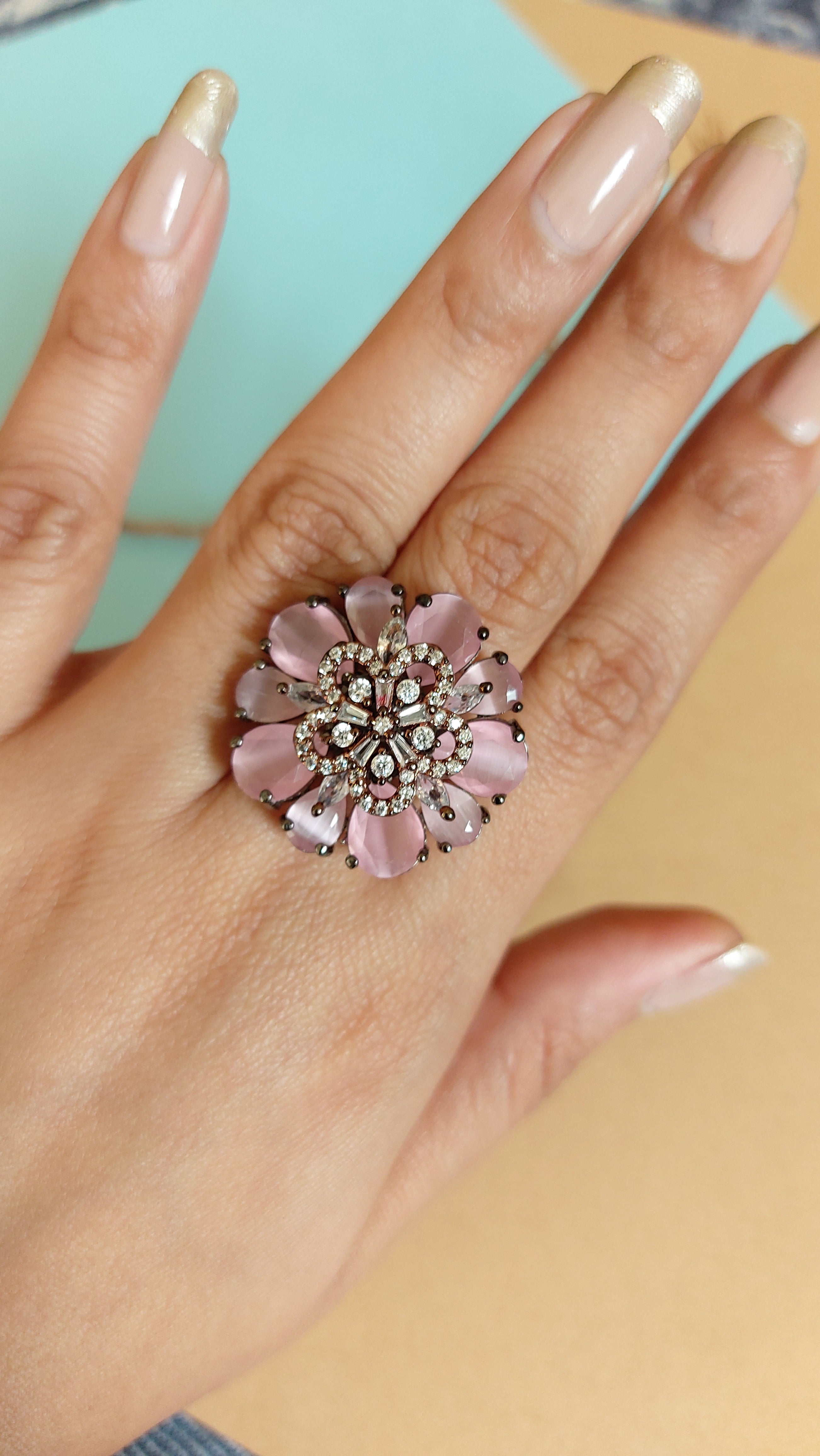AMERICAN DIAMOND WITH PASTEL PINK STONE COCKTAIL RING