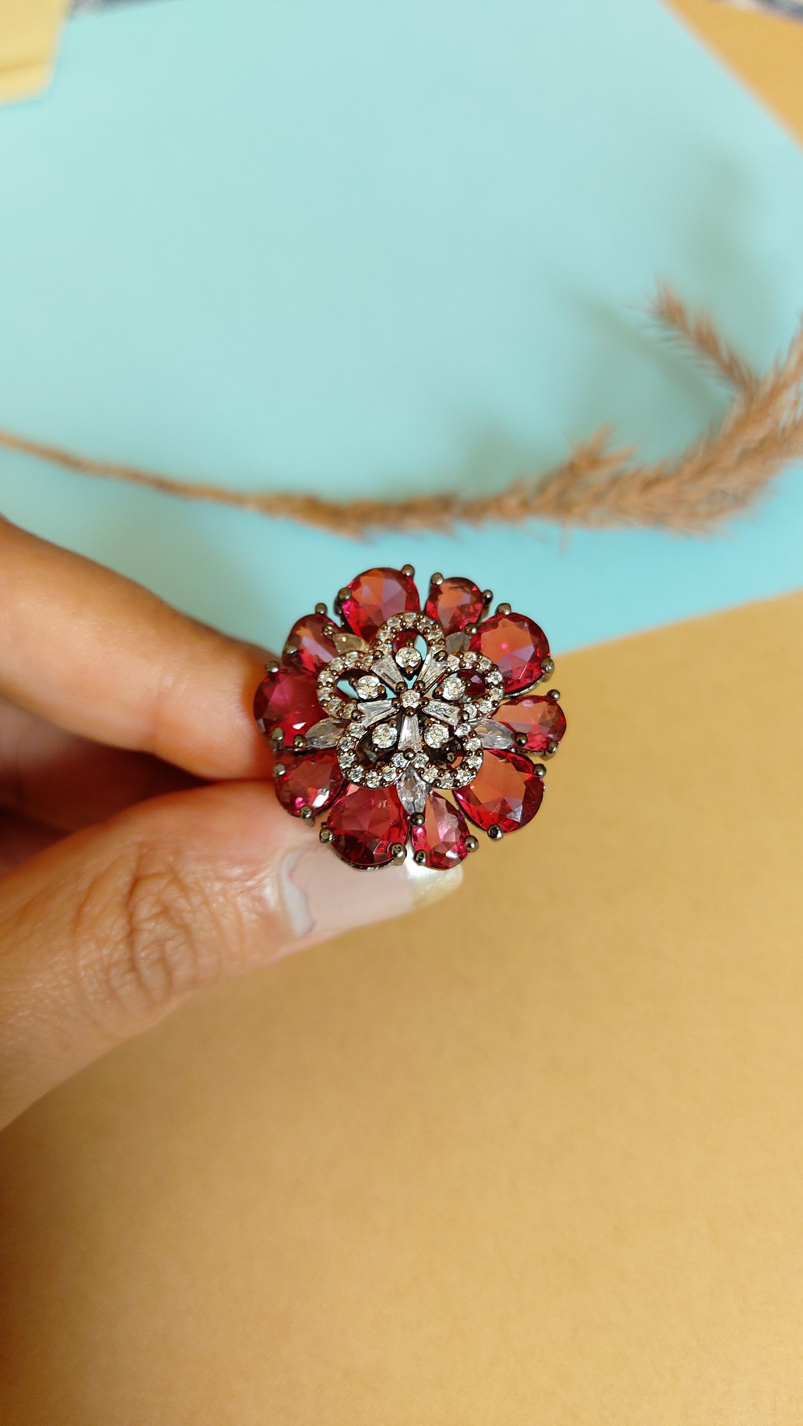 AMERICAN DIAMOND WITH RUBY RED STONE COCKTAIL RING