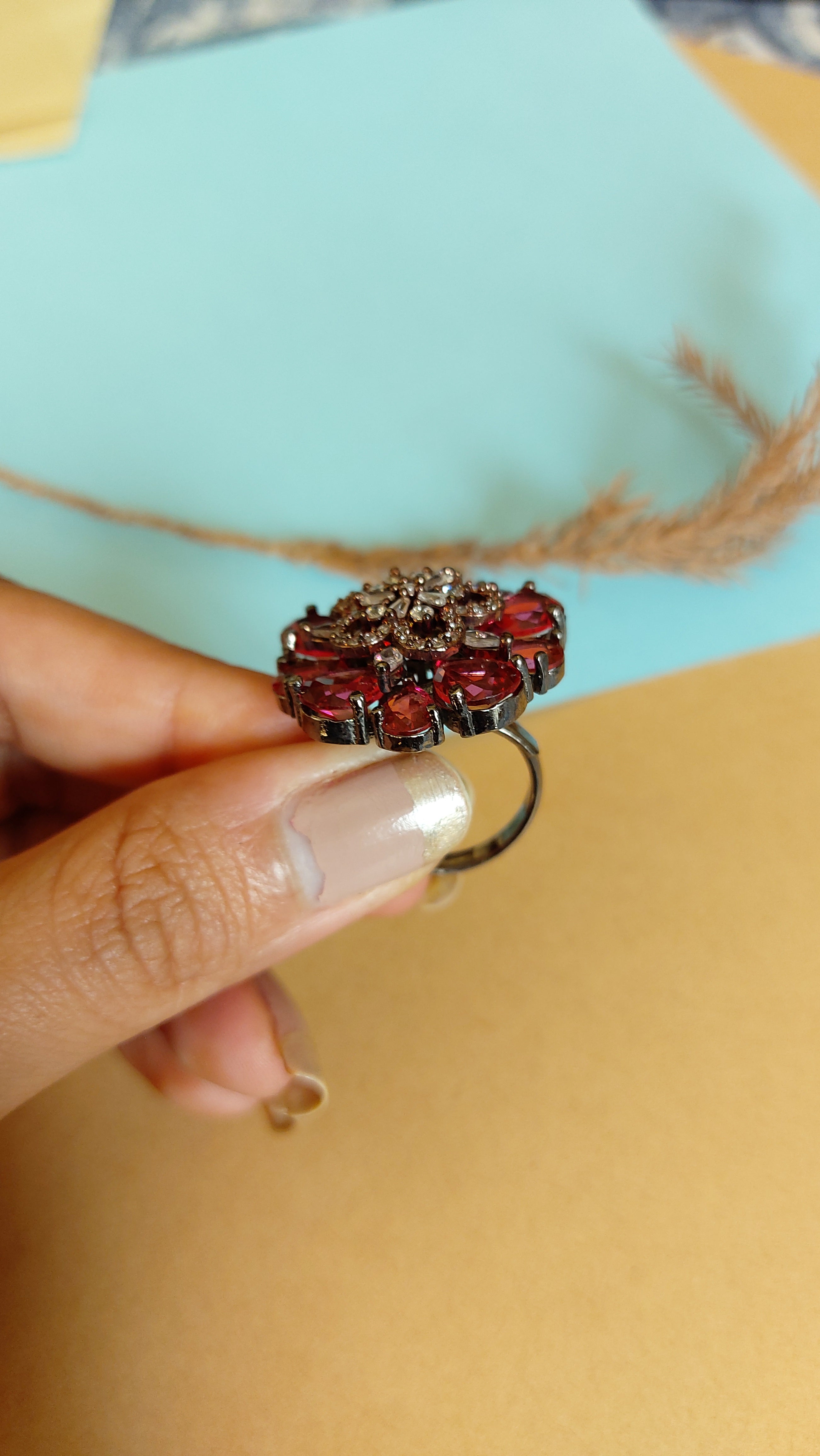 AMERICAN DIAMOND WITH RUBY RED STONE COCKTAIL RING