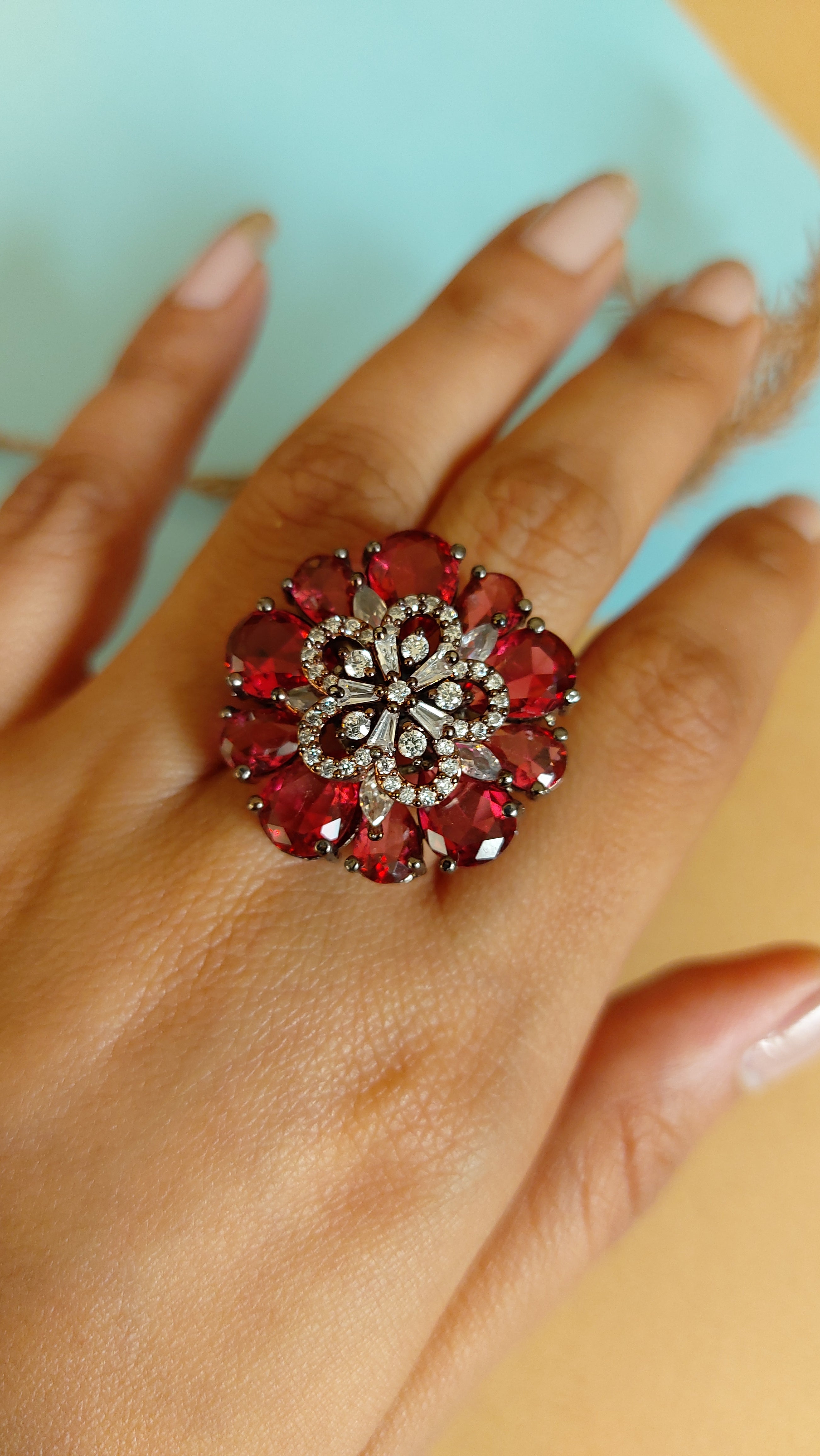 AMERICAN DIAMOND WITH RUBY RED STONE COCKTAIL RING