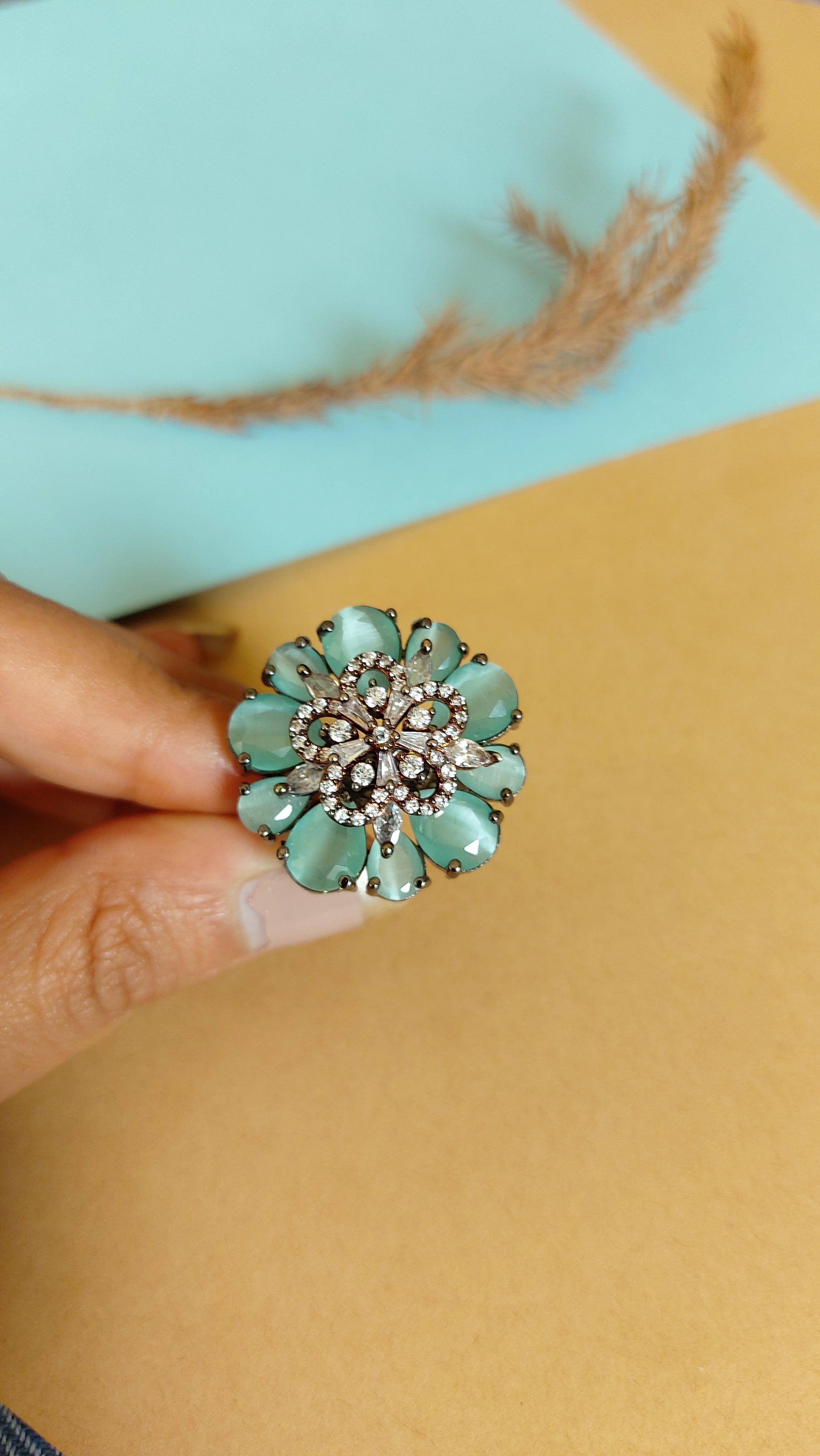 AMERICAN DIAMOND WITH MINT GREEN STONE COCKTAIL RING