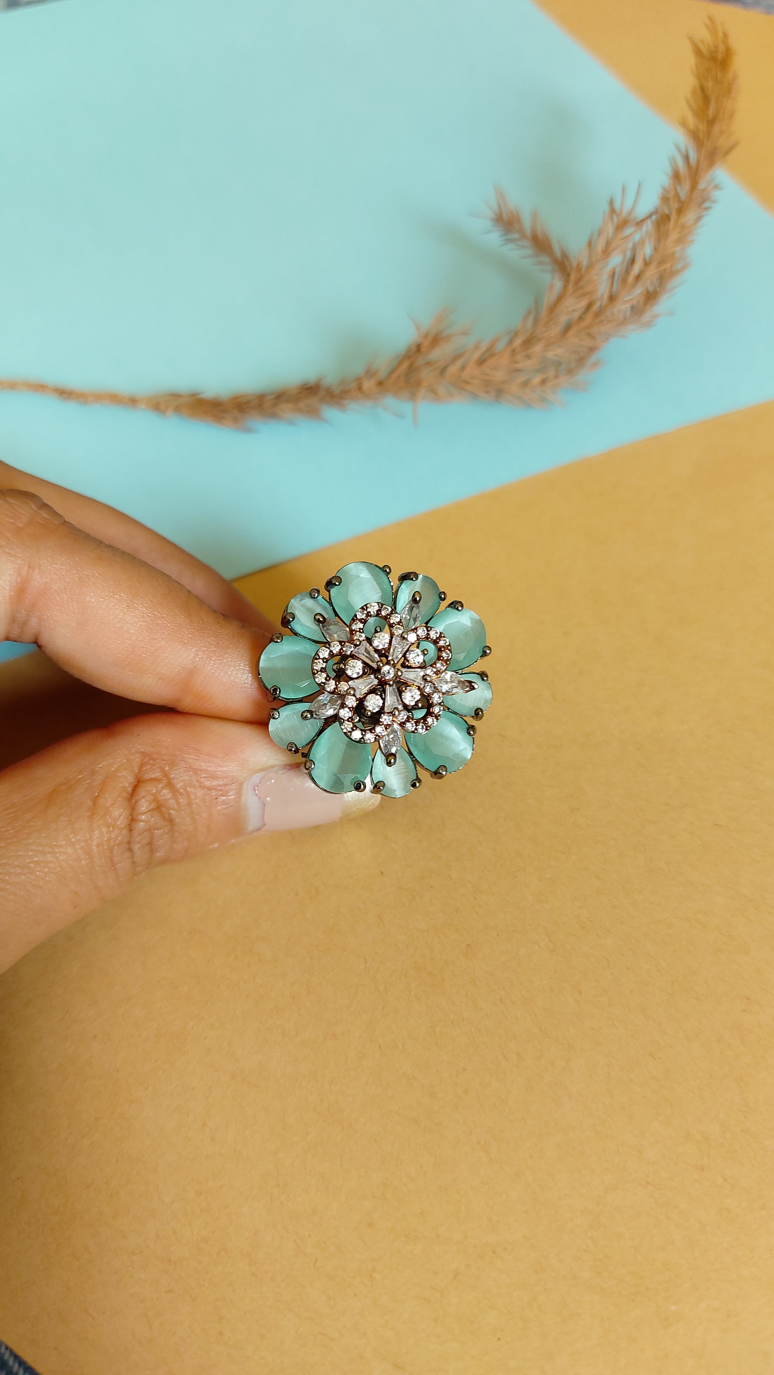 AMERICAN DIAMOND WITH MINT GREEN STONE COCKTAIL RING