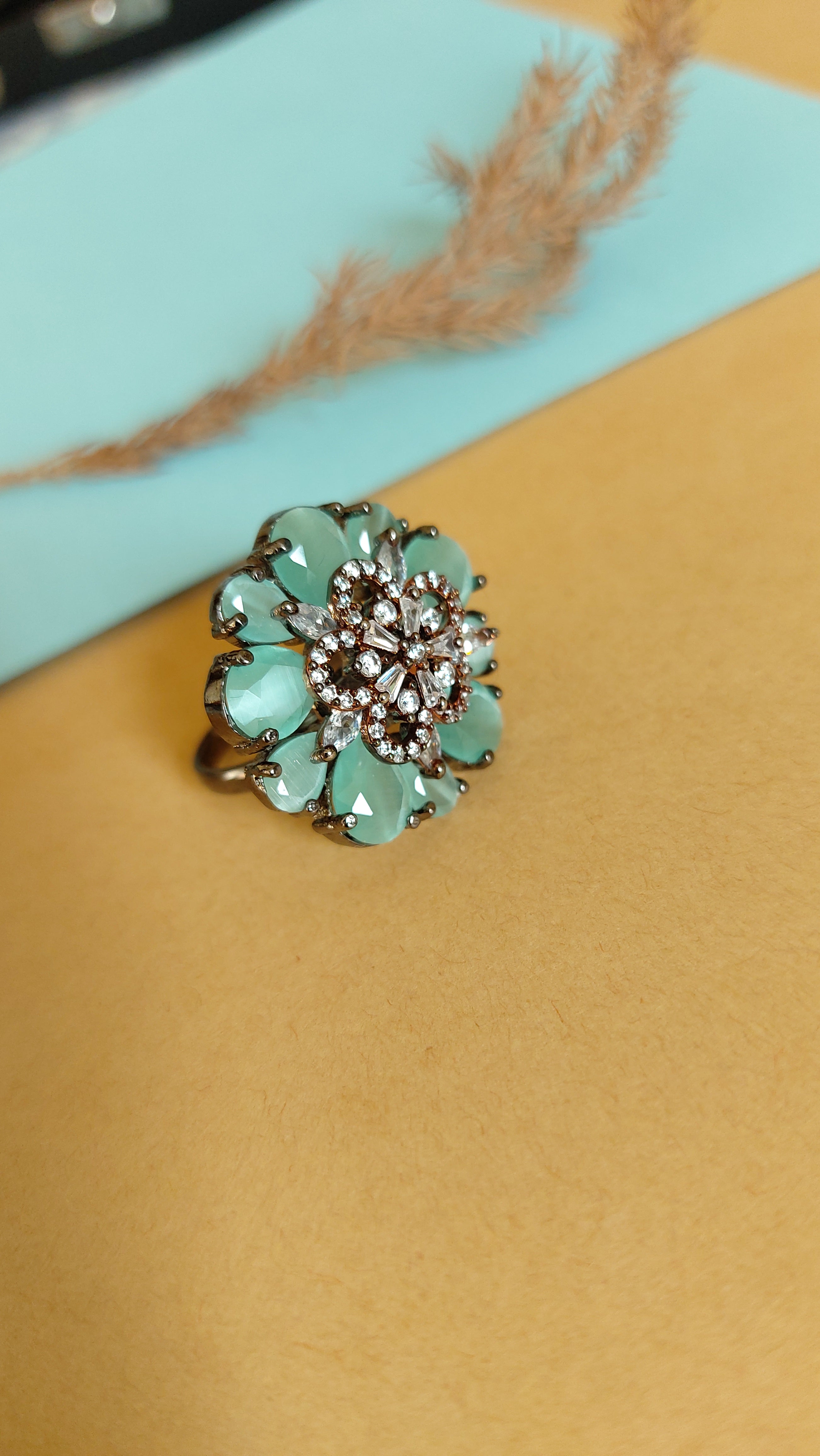 AMERICAN DIAMOND WITH MINT GREEN STONE COCKTAIL RING