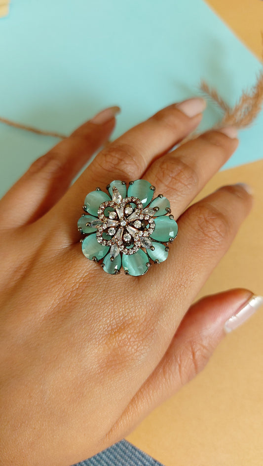 AMERICAN DIAMOND WITH MINT GREEN STONE COCKTAIL RING