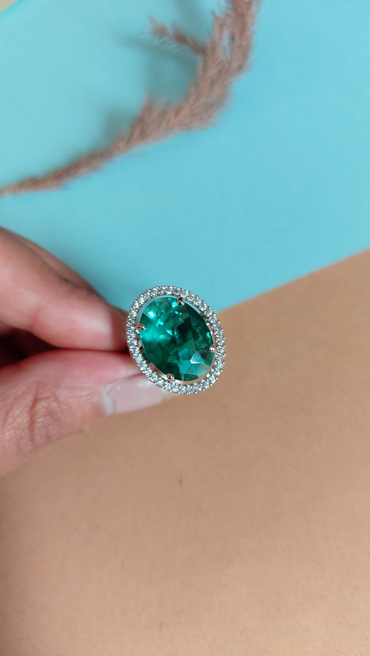 OVAL CUT EMERALD STONE WITH AMERICAN DIAMOND ADJUSTABLE RING