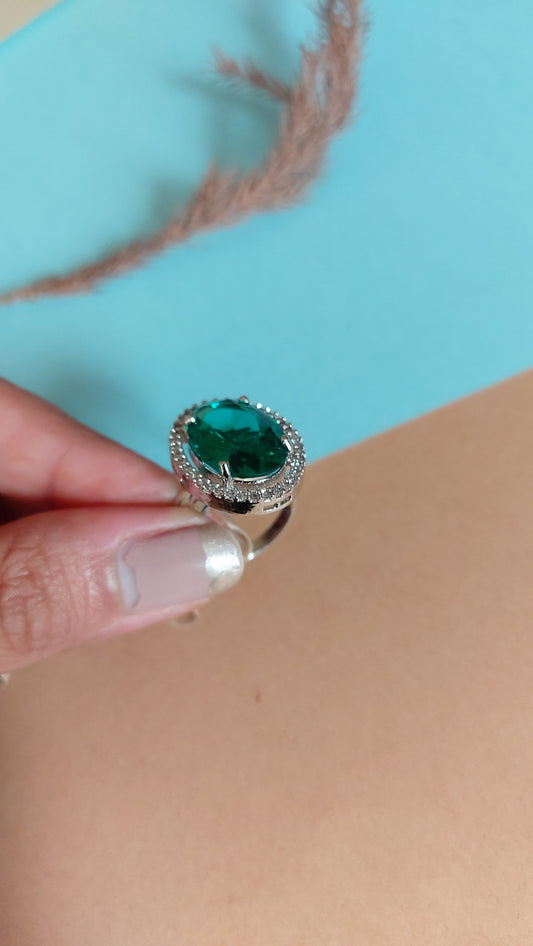 OVAL CUT EMERALD STONE WITH AMERICAN DIAMOND ADJUSTABLE RING
