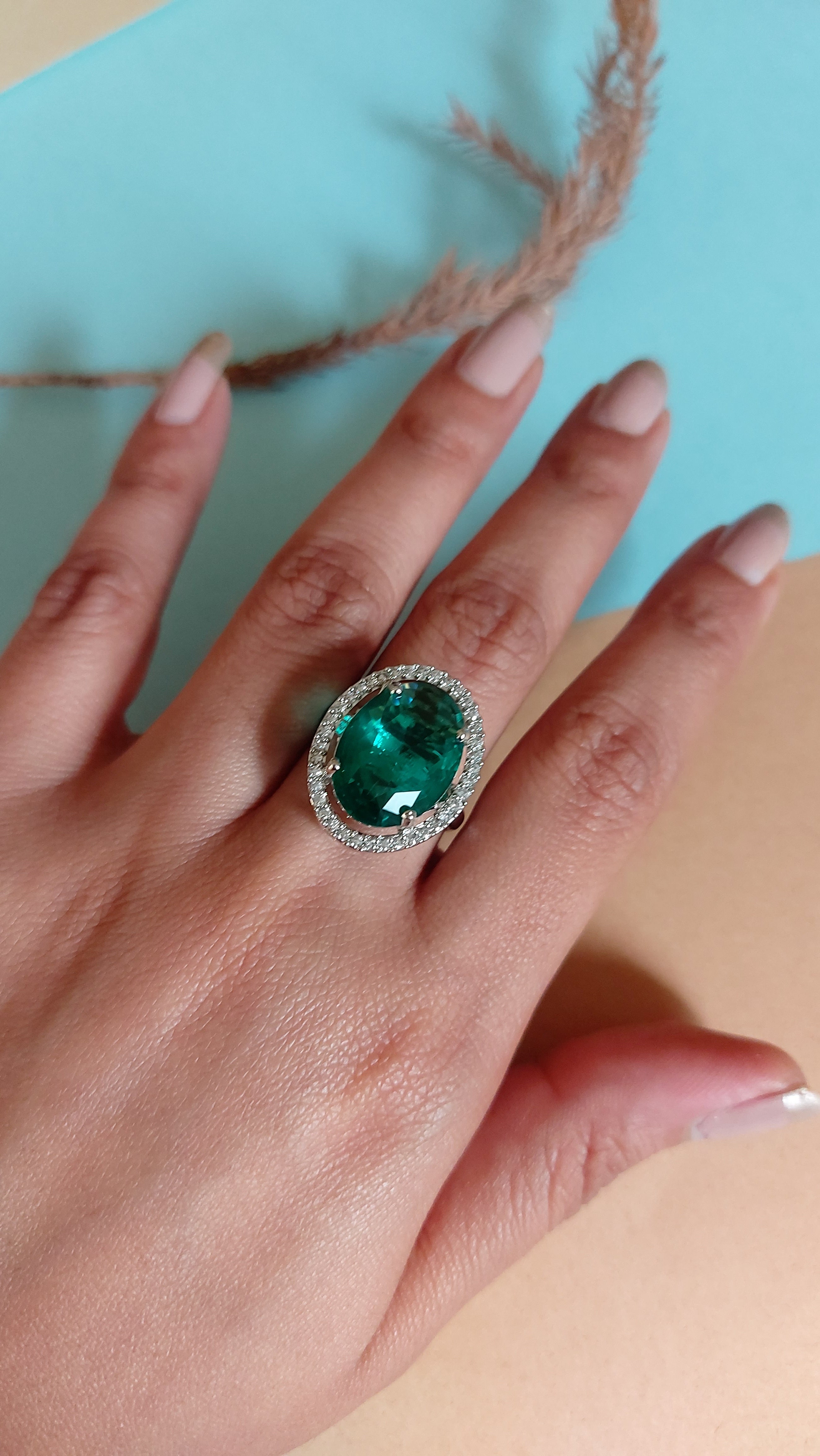 OVAL CUT EMERALD STONE WITH AMERICAN DIAMOND ADJUSTABLE RING