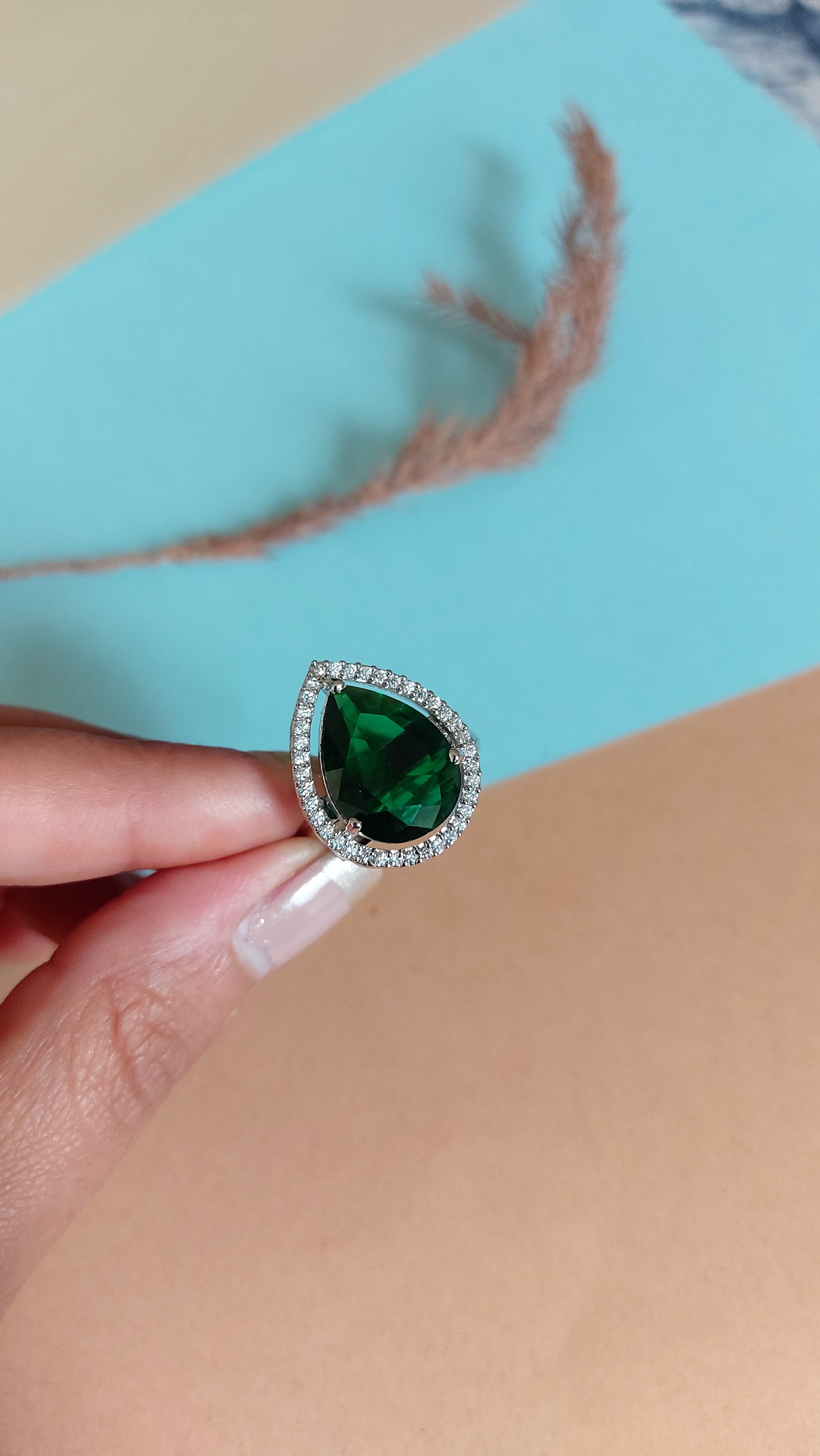 PEAR CUT EMERALD STONE WITH AMERICAN DIAMOND ADJUSTABLE RING