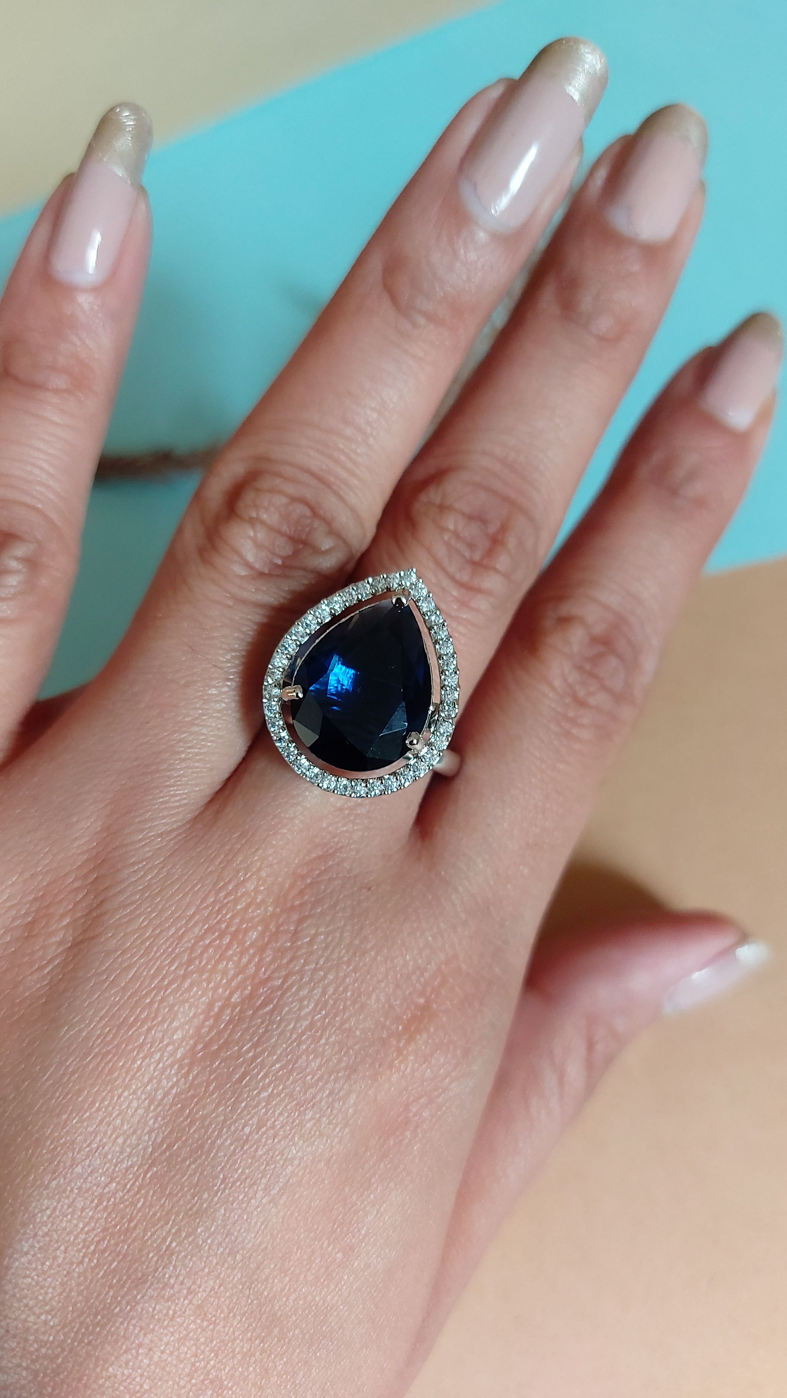 PEAR CUT BLUE SAPPHIRE STONE WITH AMERICAN DIAMOND ADJUSTABLE RING